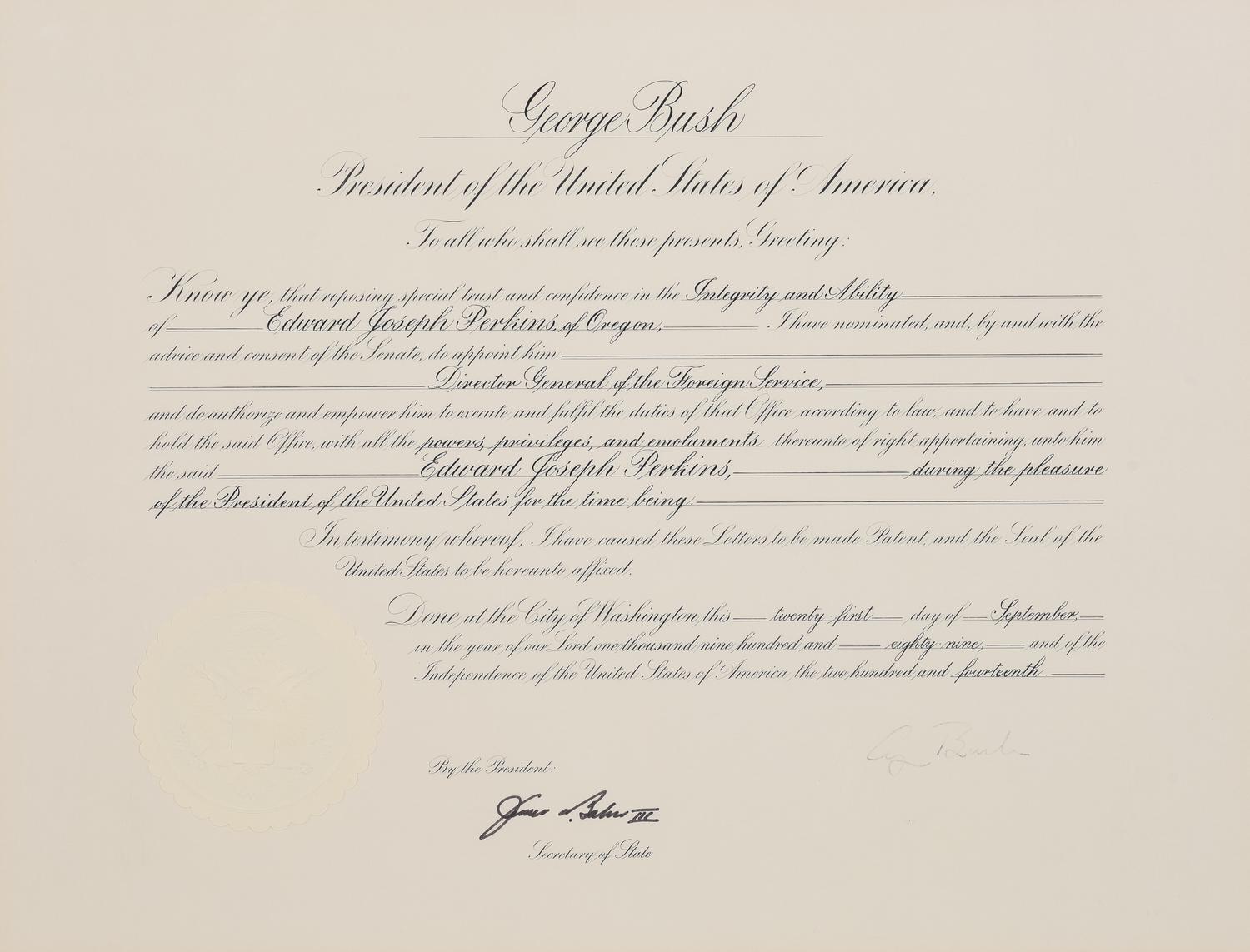 [POLITICS]. [PERKINS, Edward Joseph (1928-2020)]. A group of 9 appointments by Presidents Reagan, Bush, Clinton, and Bush to Perkins, presumably with secretarial or facsimile signatures, including: