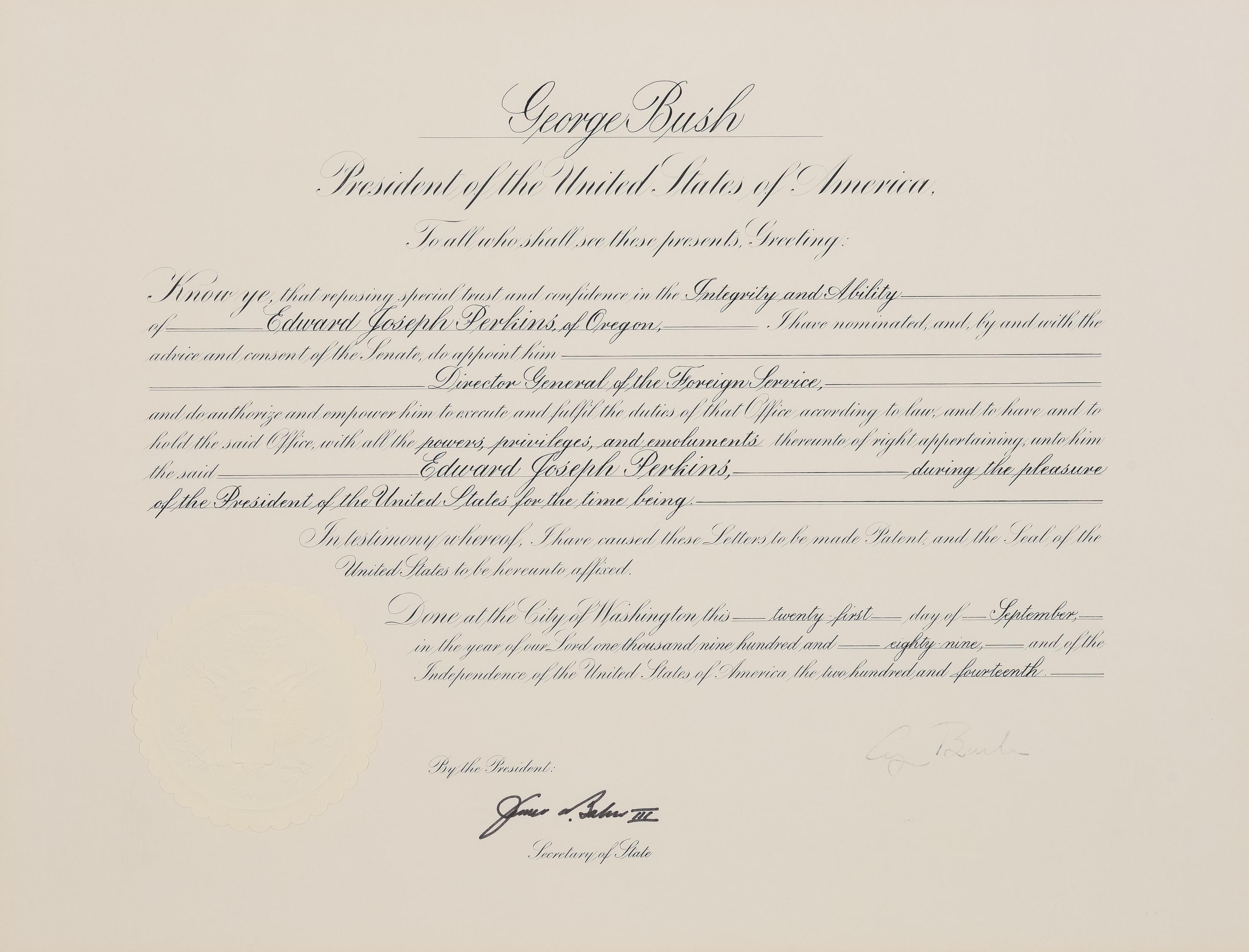 [POLITICS]. [PERKINS, Edward Joseph (1928-2020)]. A group of 9 appointments by Presidents Reagan, Bush, Clinton, and Bush to Perkins, presumably with secretarial or facsimile signatures, including: