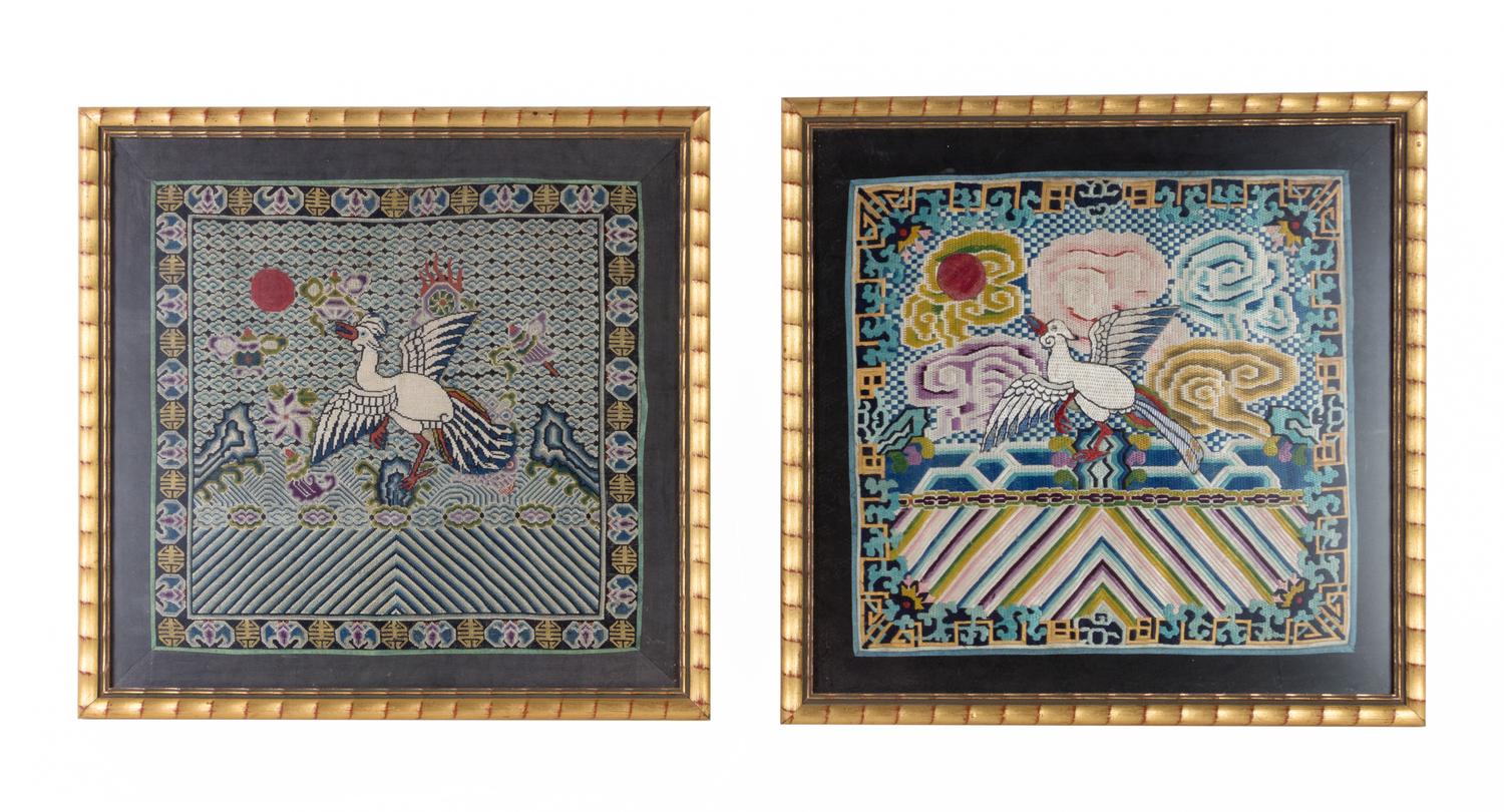 Two Chinese Embroidered Silk Rank Badges Height 12 1/4 x width 13 1/2 inches (visible).