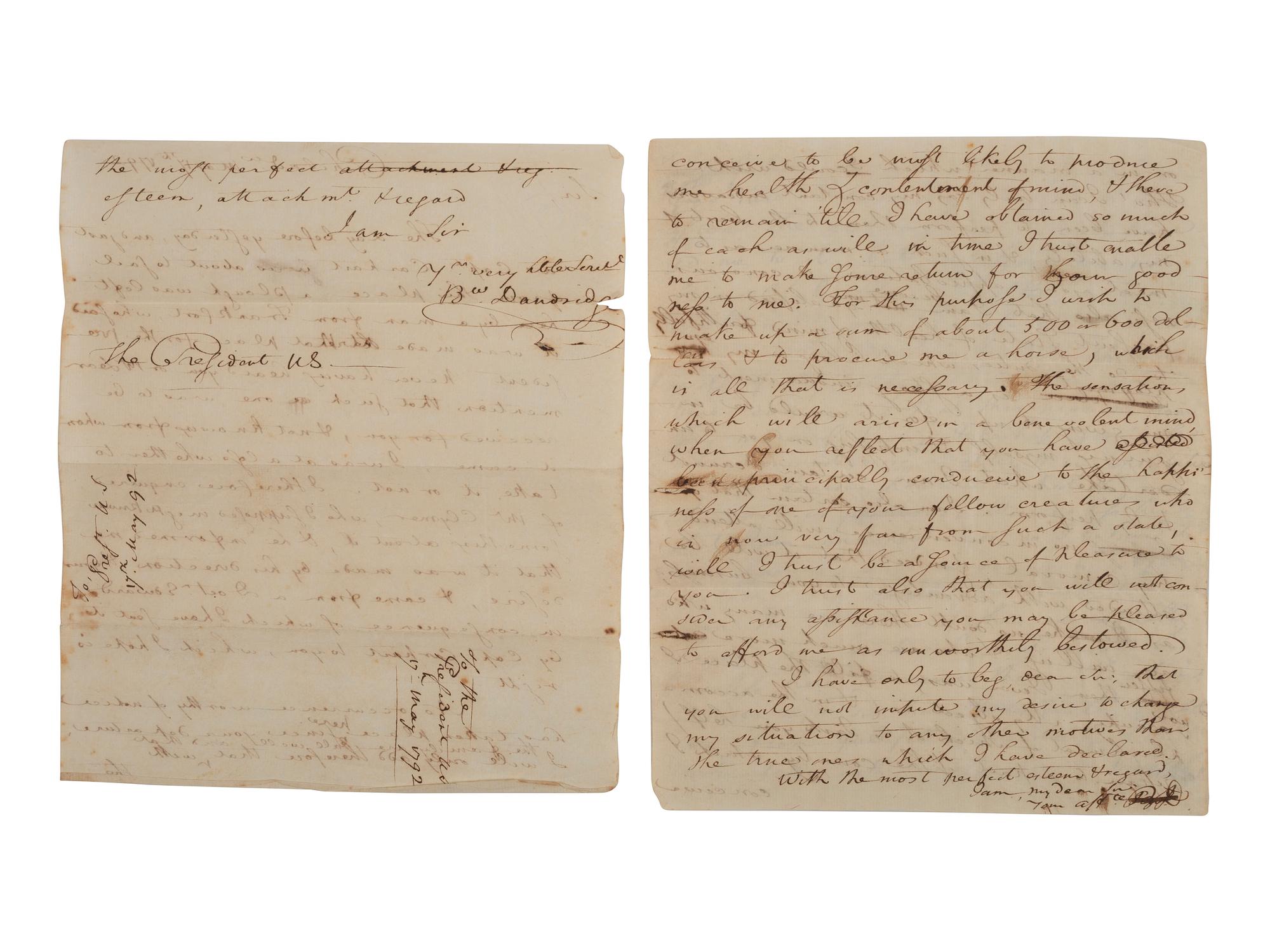 [WASHINGTON, George (1732-1799)] -- DANDRIDGE, Bartholomew Jr. (ca 1773-1802). A group of 4 retained copies of letters written by Bartholomew Dandridge, Jr. to President George Washington.