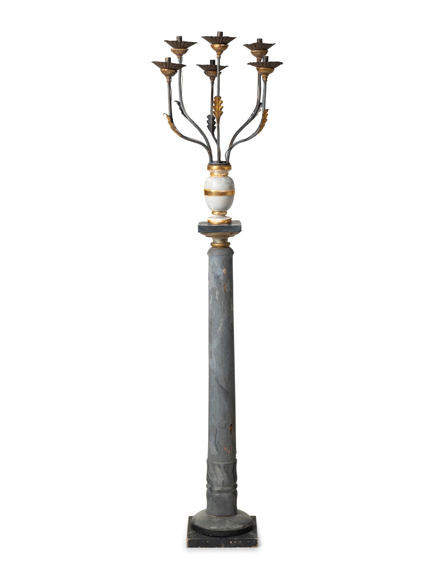 An Italian Giltwood, Grey-Painted and Faux Marble Six-Light Candelabrum