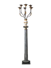 An Italian Giltwood, Grey-Painted and Faux Marble Six-Light Candelabrum
