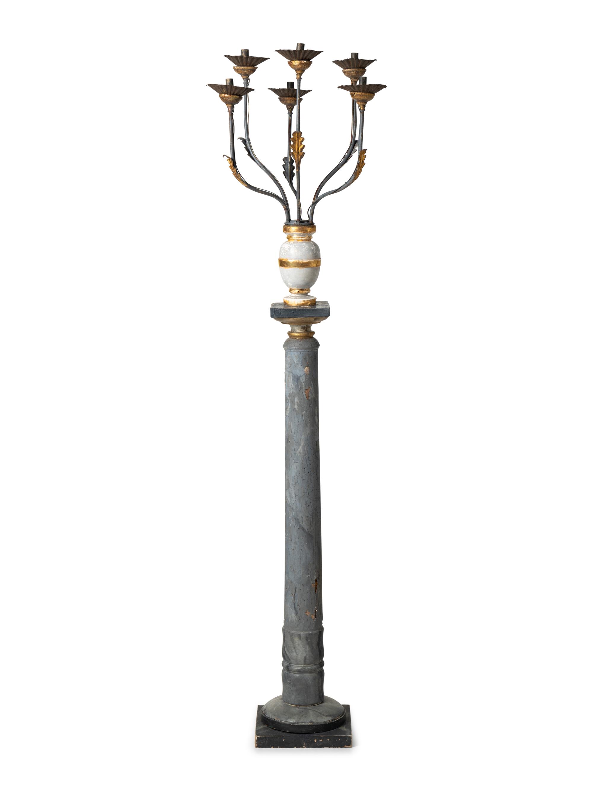 An Italian Giltwood, Grey-Painted and Faux Marble Six-Light Candelabrum