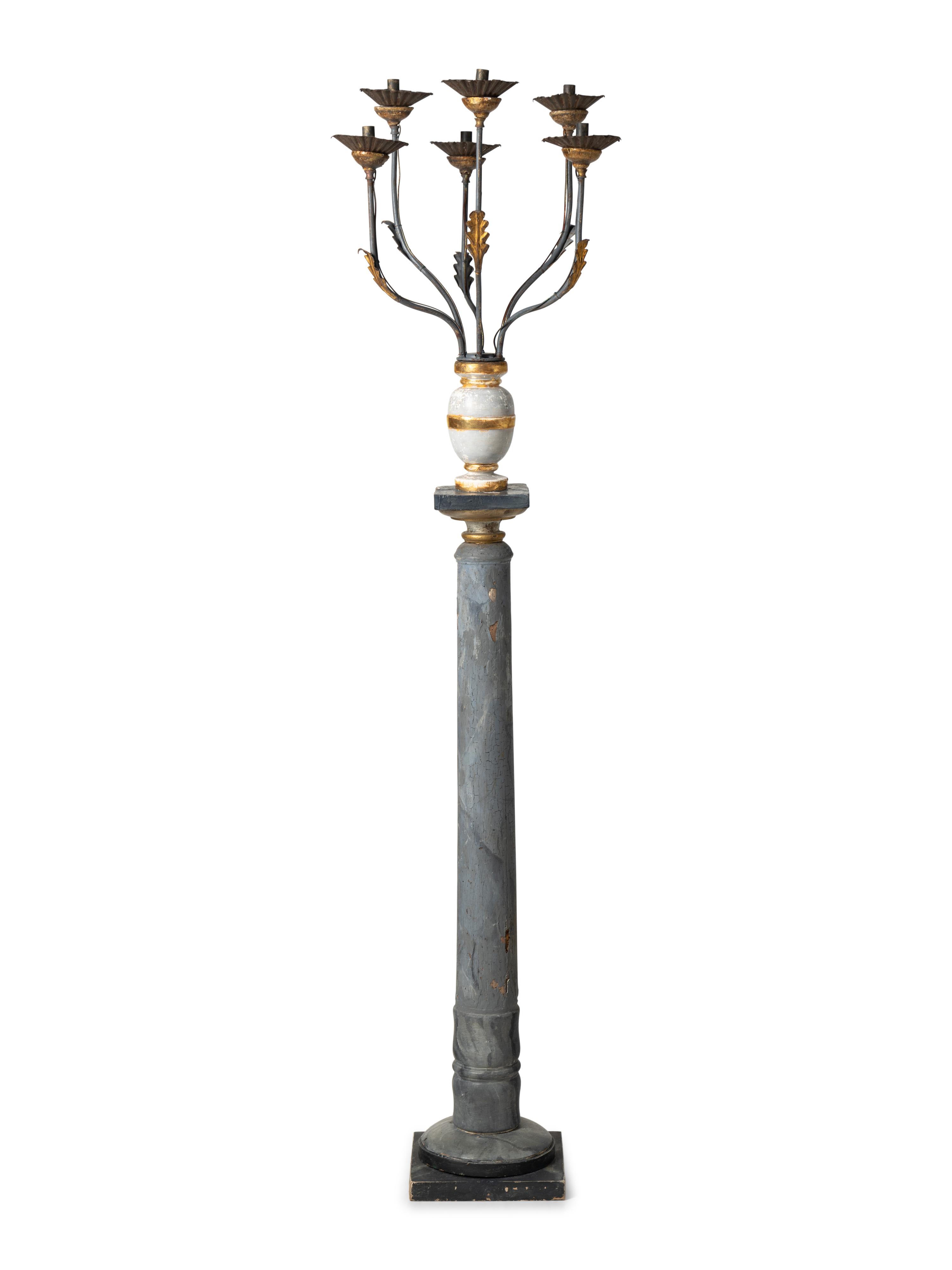 An Italian Giltwood, Grey-Painted and Faux Marble Six-Light Candelabrum