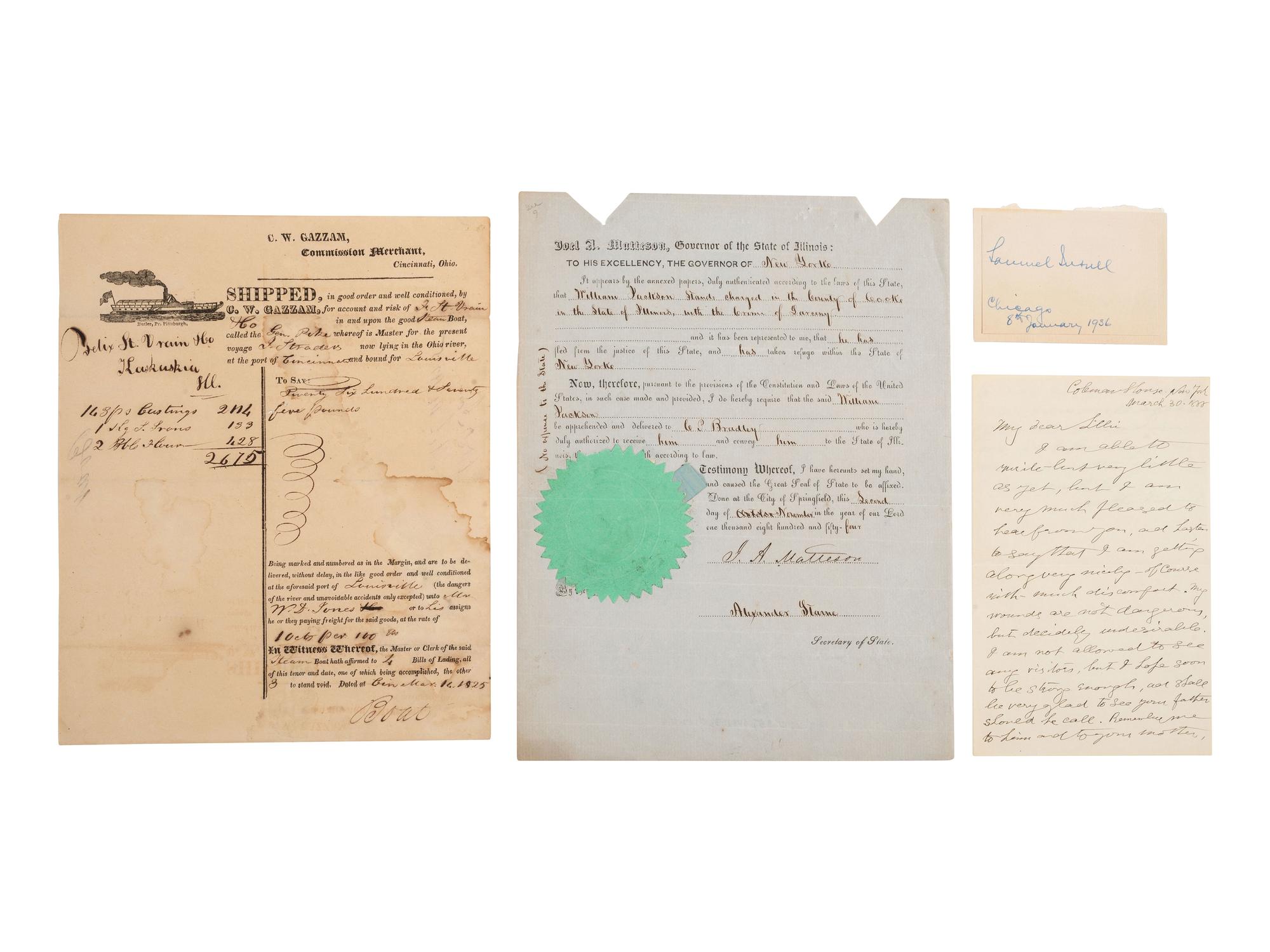 [ILLINOIS] Autographs and ephemera related to Illinois politicians and other influential figures.