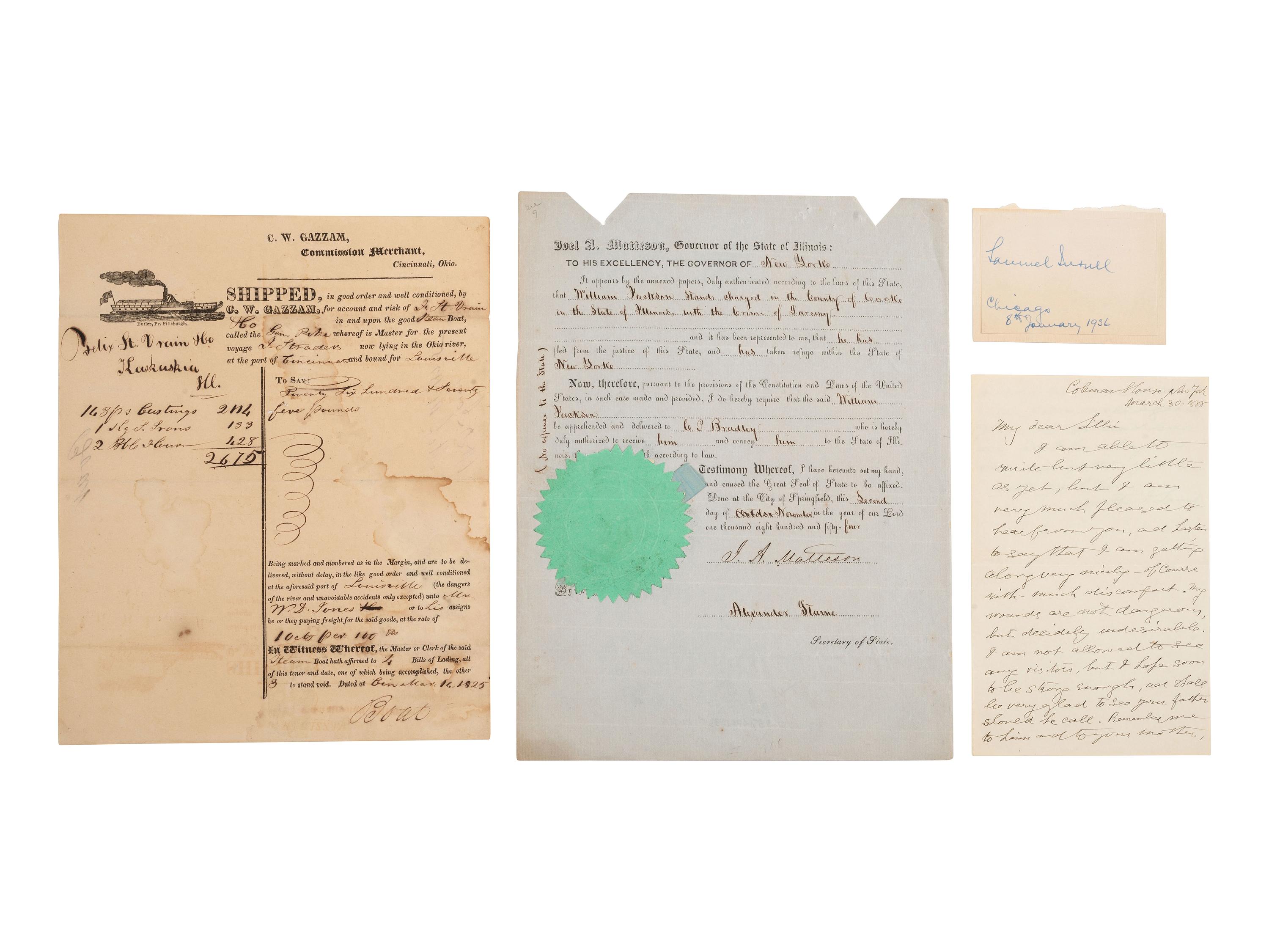 [ILLINOIS] Autographs and ephemera related to Illinois politicians and other influential figures.