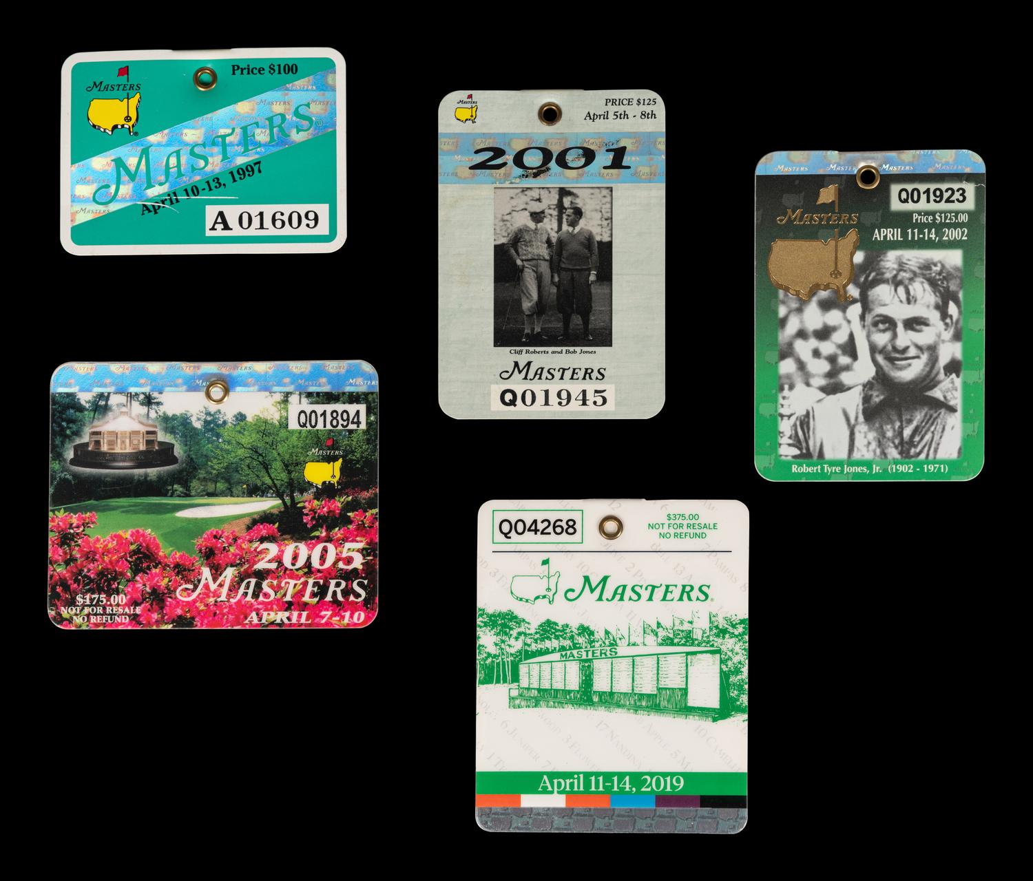 A Complete Set of Five Tiger Woods Augusta National Masters Championship Badges (1997, 2001, 2002, 2005, 2019),