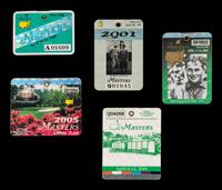 A Complete Set of Five Tiger Woods Augusta National Masters Championship Badges (1997, 2001, 2002, 2005, 2019),