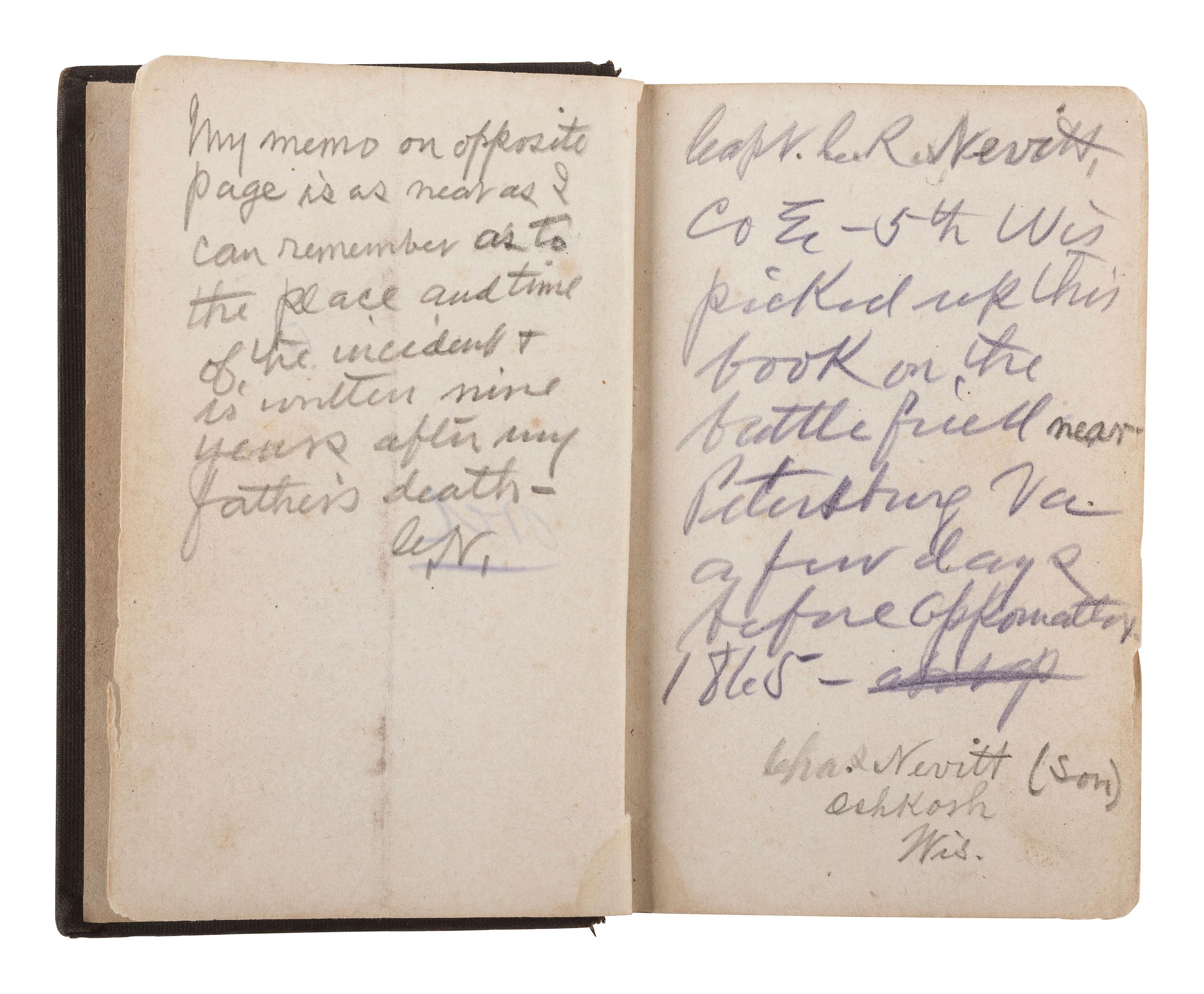 [CIVIL WAR]. Archive of items related to Elisha Hunt RHODES (1842-1917), 2nd Rhode Island Volunteer Infantry, incl. diary pages, battlefield map, and tactic manual for US Colored Troops.