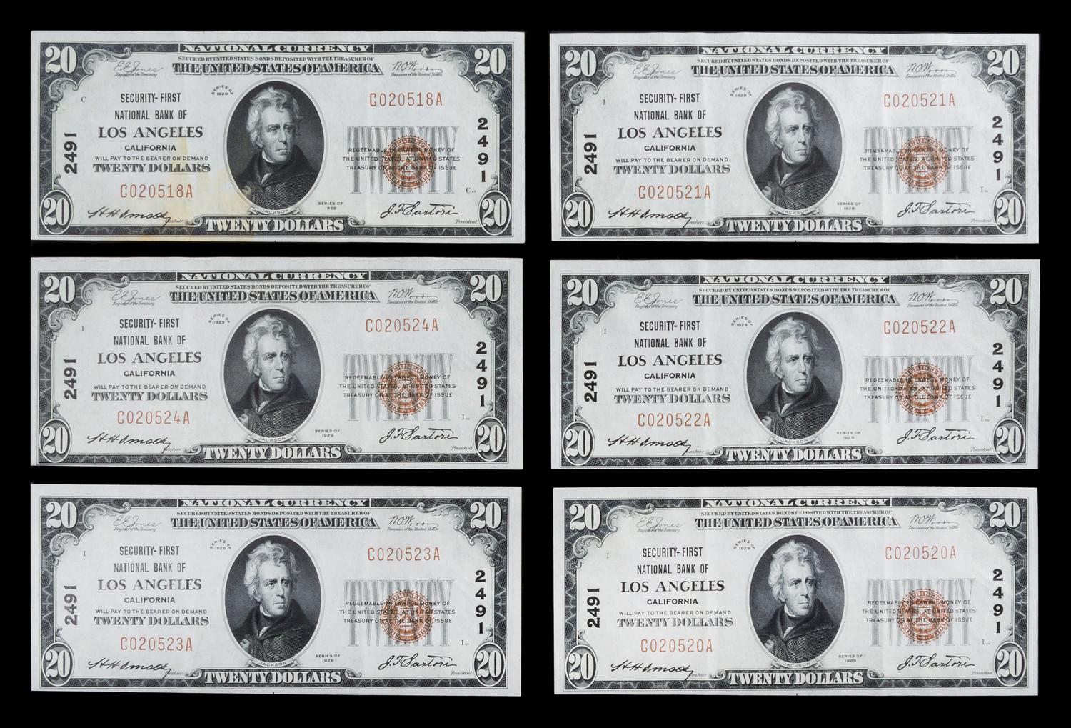 A Group of Six United States 1929 Type-1 $20 National Bank Notes