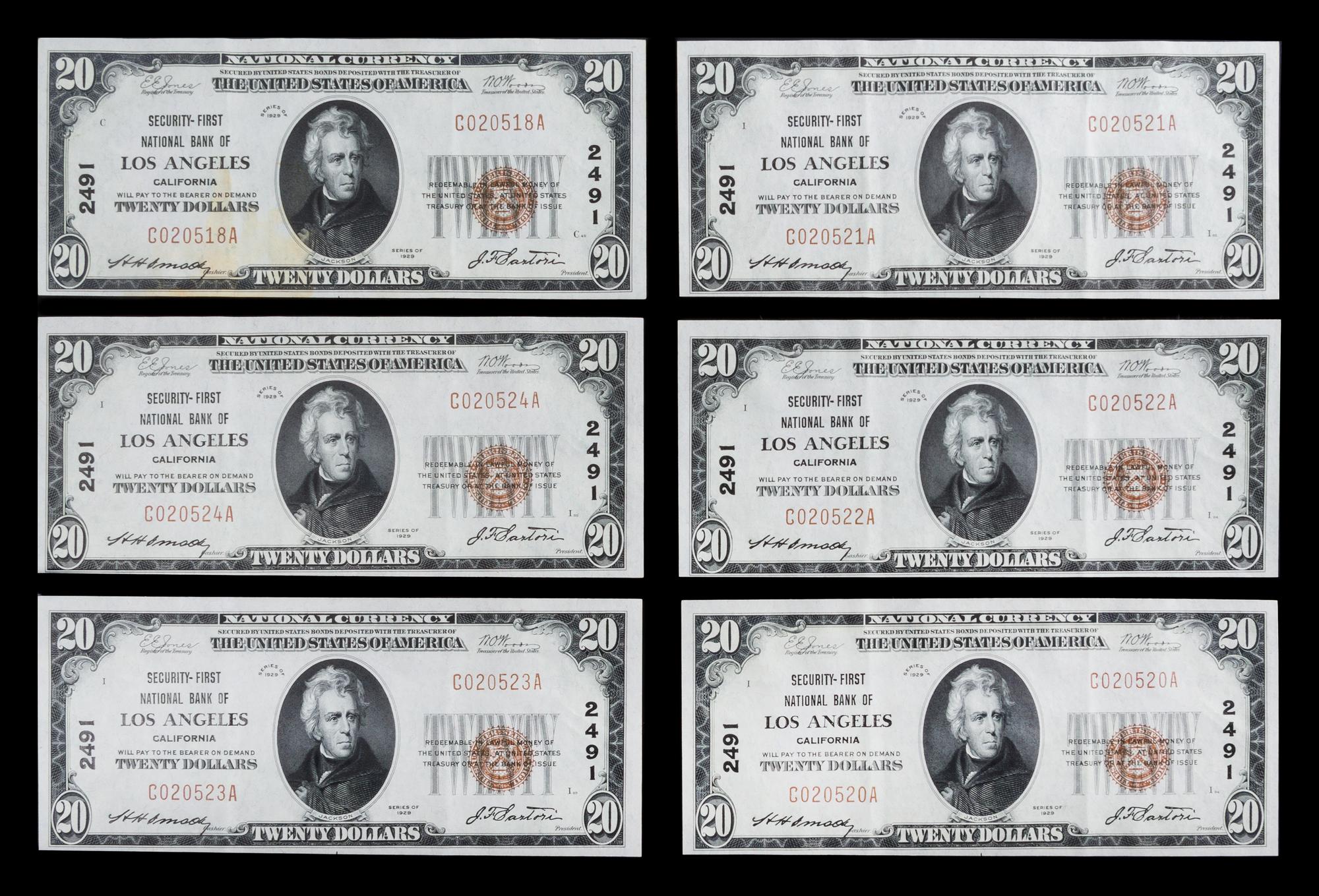 A Group of Six United States 1929 Type-1 $20 National Bank Notes