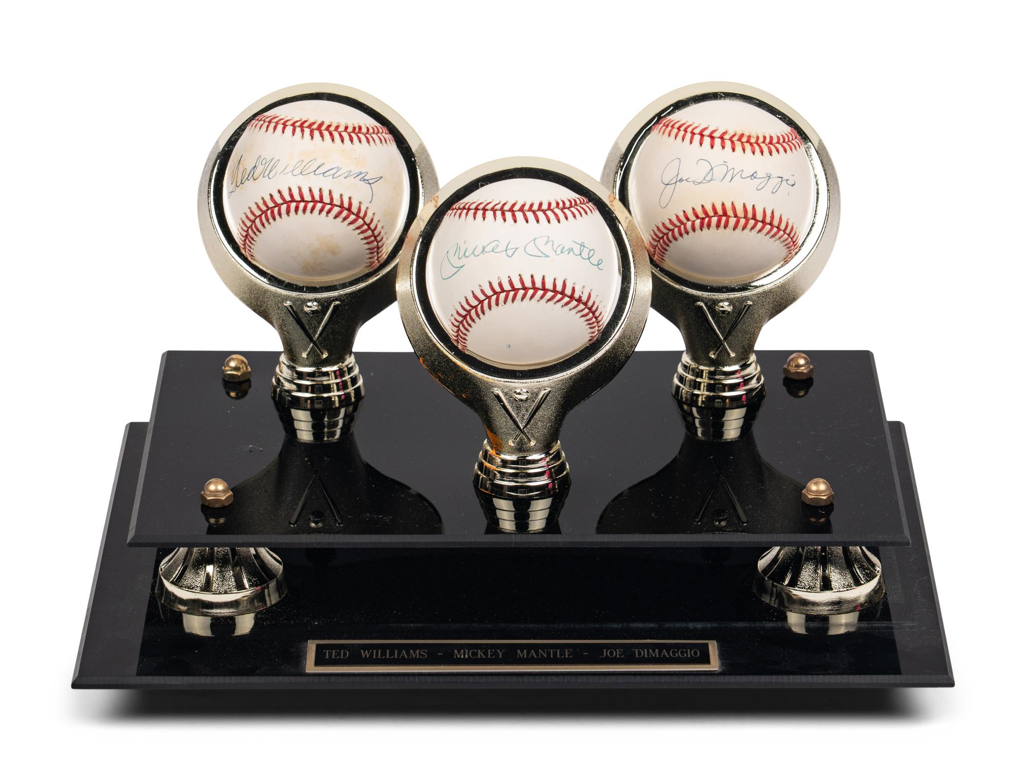 A Ted Williams, Mickey Mantle and Joe DiMaggio Single Signed Autograph Baseball Display (Beckett Authentcation Services)