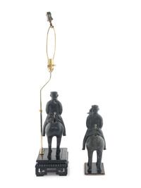 A Pair of Chinese Cast Metal Equestrian Figures Mounted as Lamps