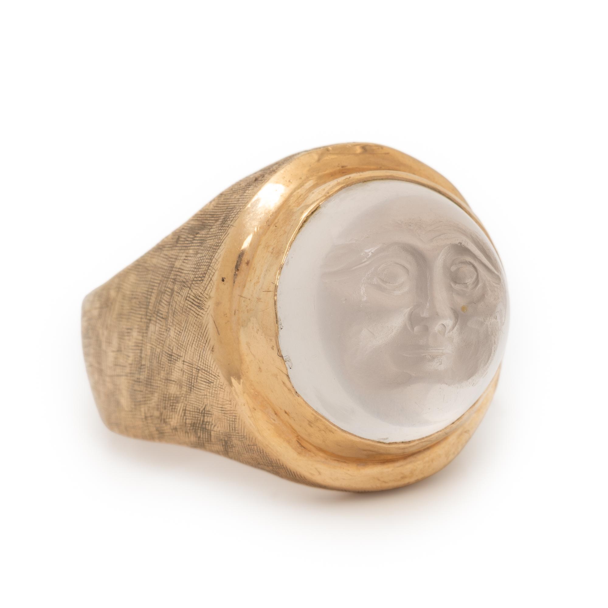 CARVED MOONSTONE AND YELLOW GOLD 'MAN IN THE MOON' RING