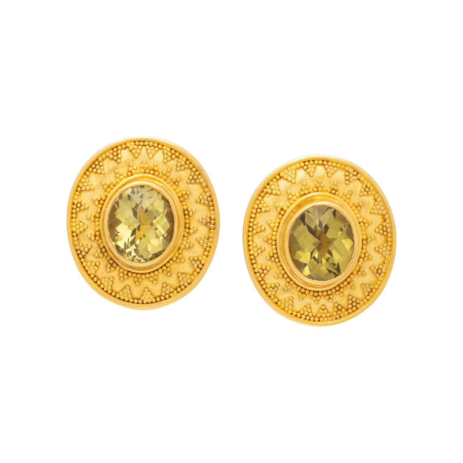 MAIJA NEIMANIS, YELLOW GOLD AND PRASIOLITE EARCLIPS