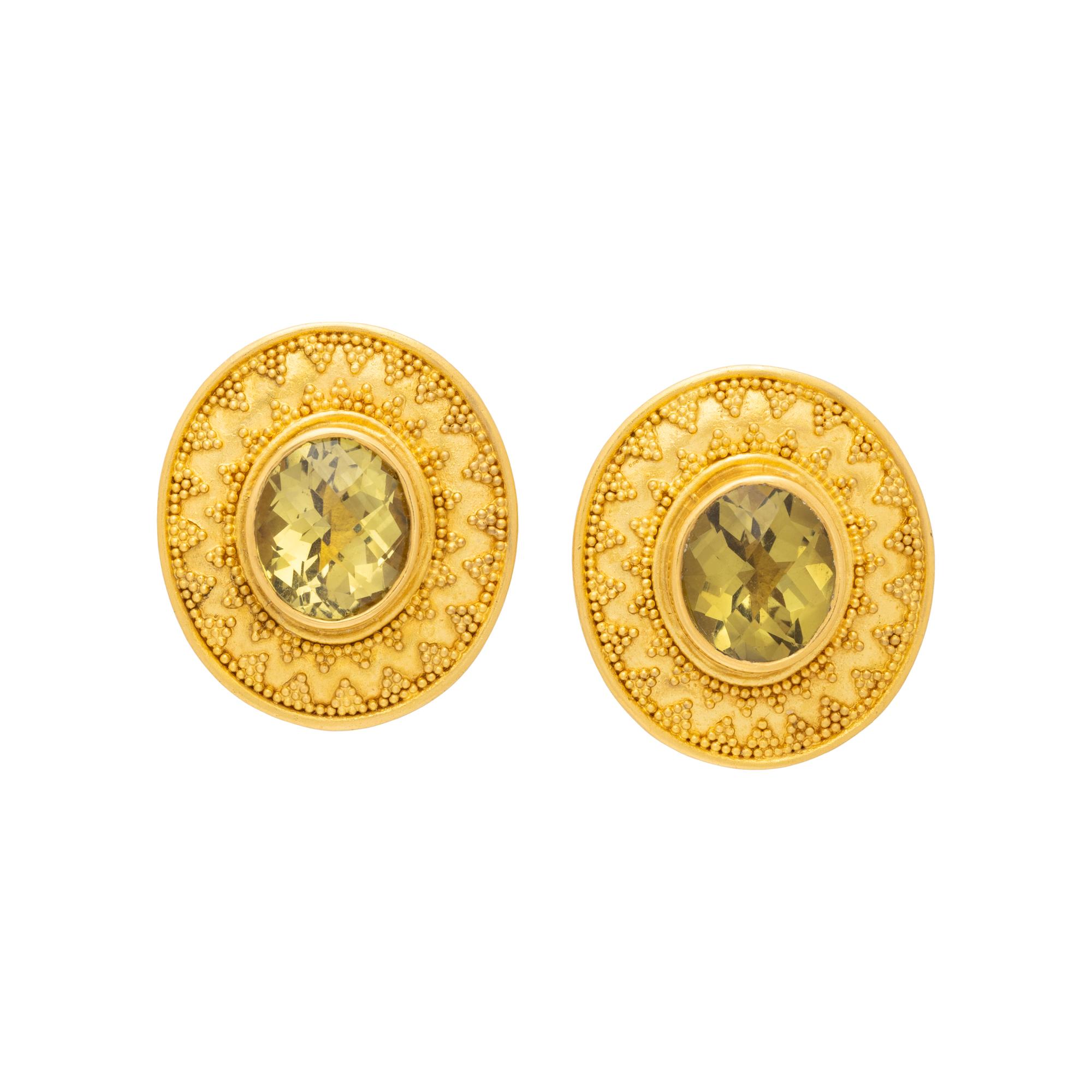MAIJA NEIMANIS, YELLOW GOLD AND PRASIOLITE EARCLIPS