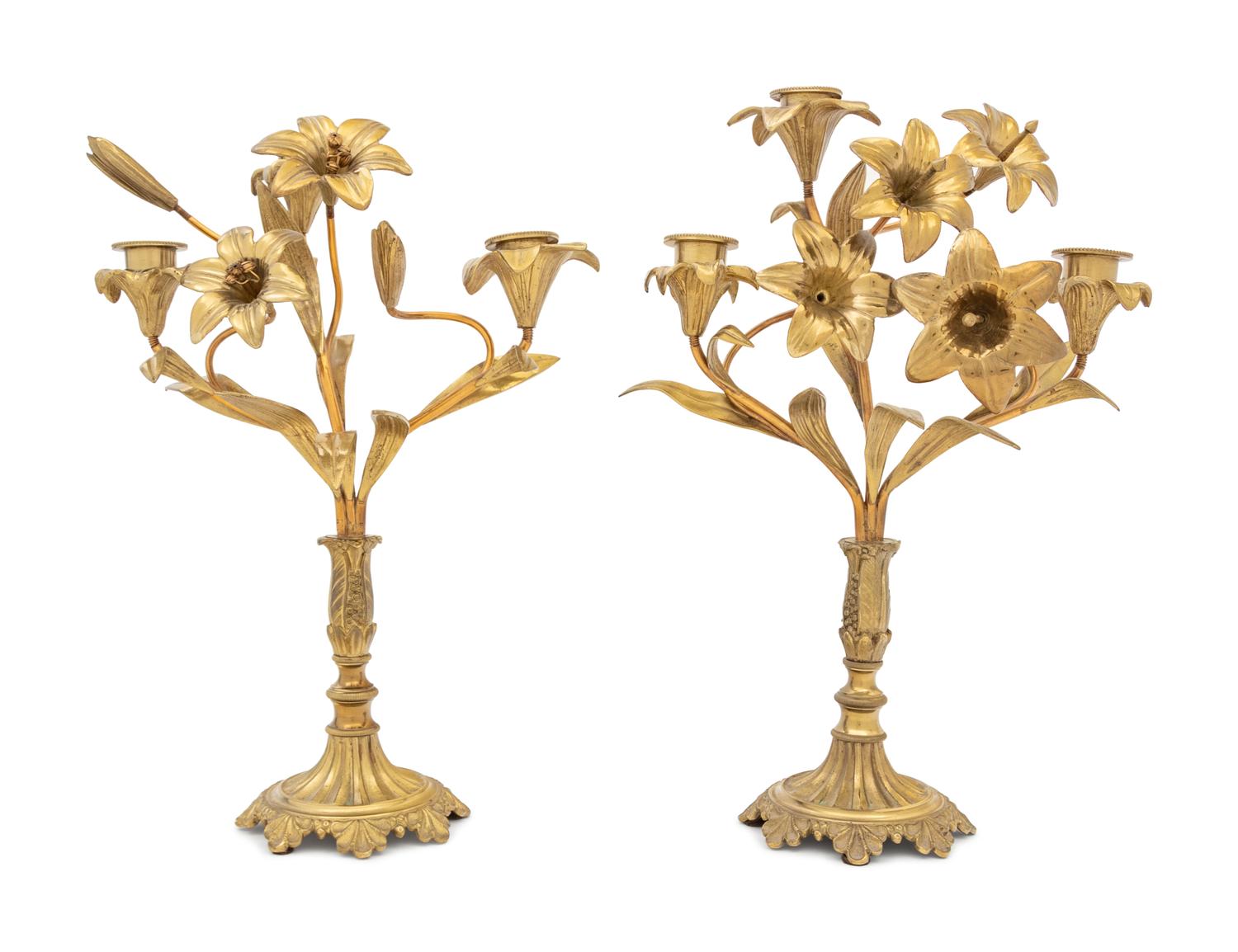 A Pair of Victorian Brass Three-Light Candelabra
