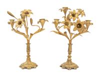 A Pair of Victorian Brass Three-Light Candelabra