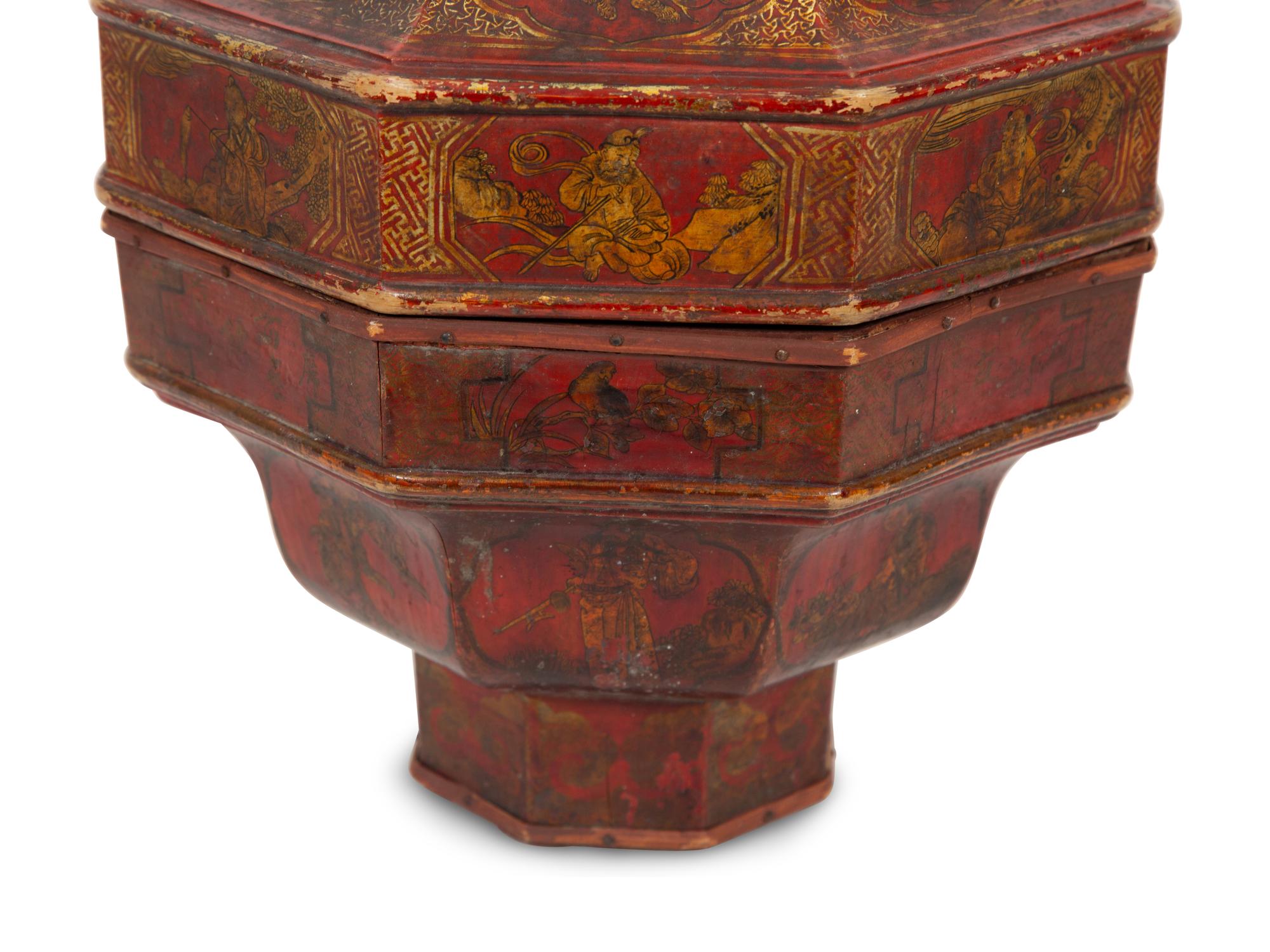 A Chinese Parcel Gilt Red Lacquer Octagonal Lidded Box
