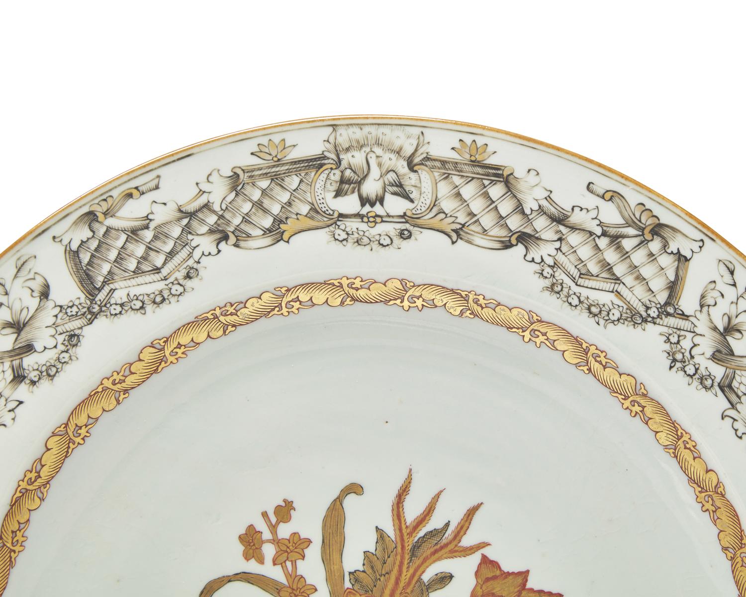 A Group of Three Chinese Export Porcelain Grisaille Palette Dishes