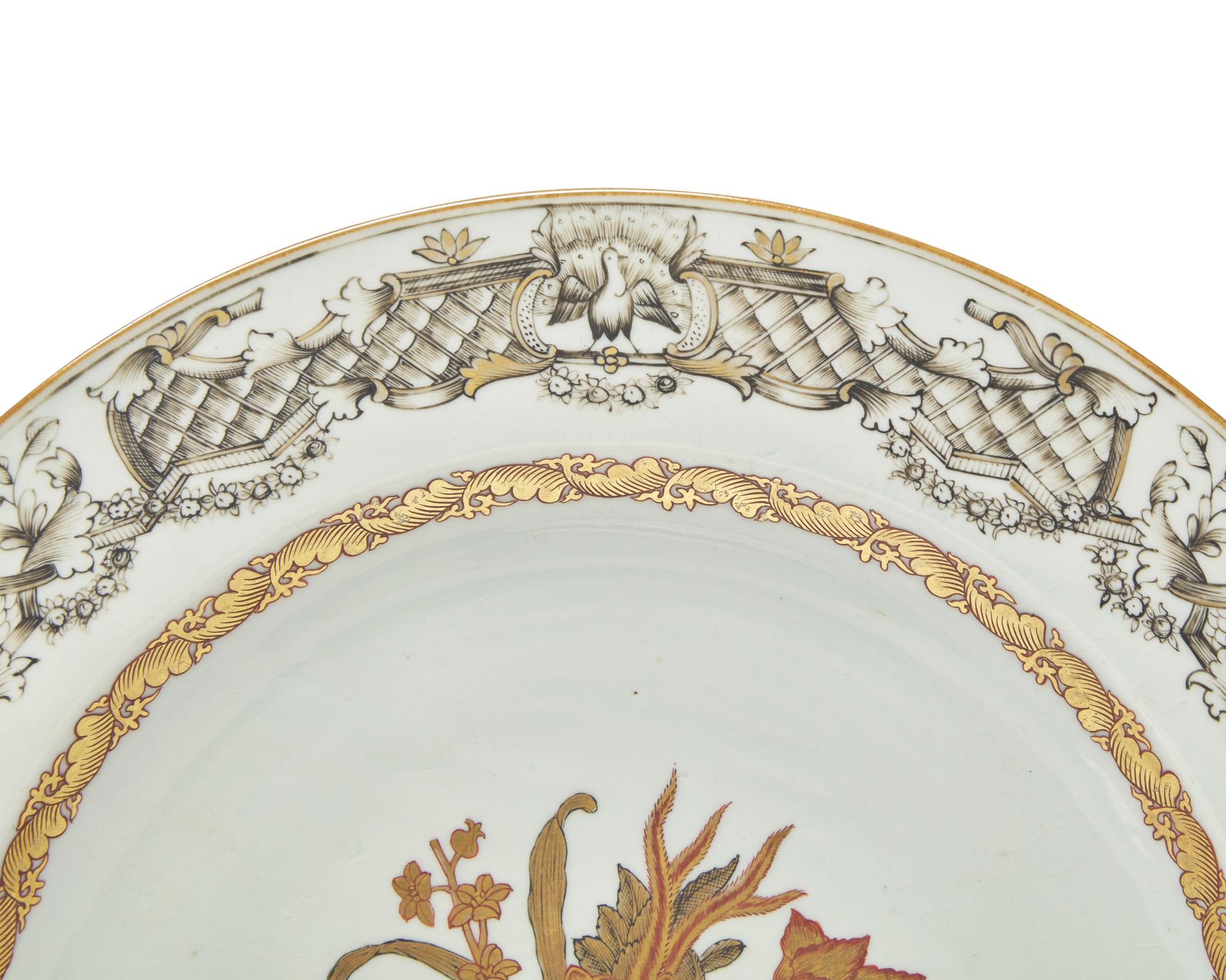A Group of Three Chinese Export Porcelain Grisaille Palette Dishes