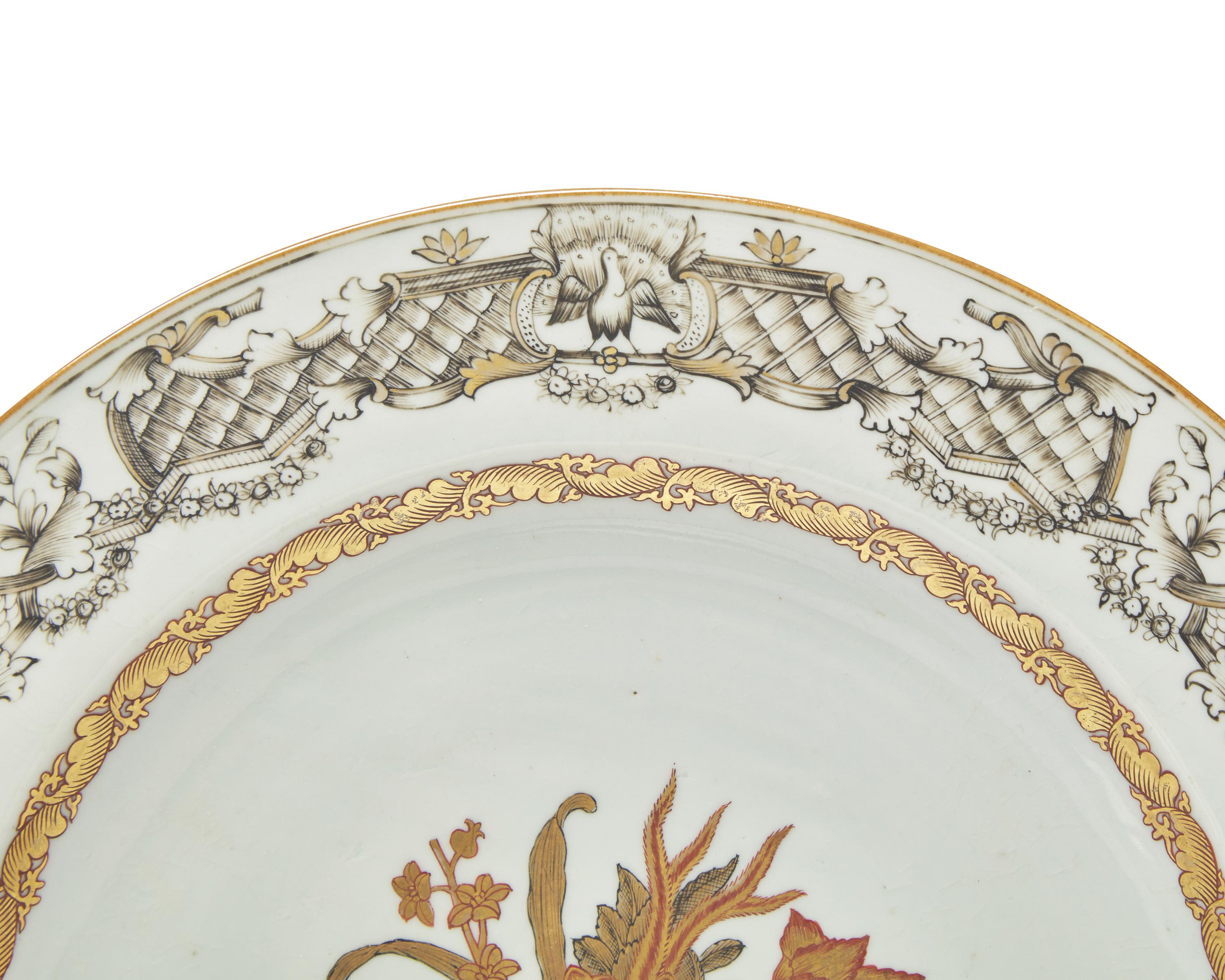A Group of Three Chinese Export Porcelain Grisaille Palette Dishes