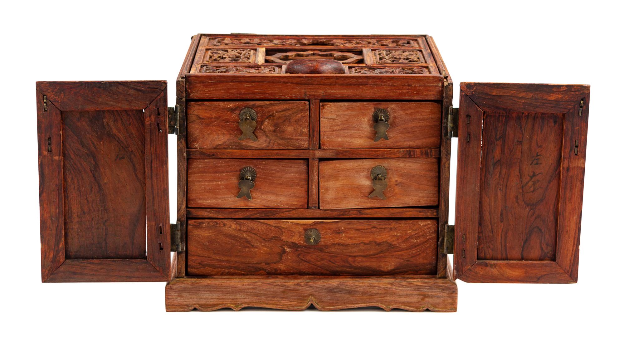 A Chinese Hardwood Table Cabinet with Mirror Stand Height 13 1/2 x width 12 1/2 inches. — QING DYNASTY (1644-1911)