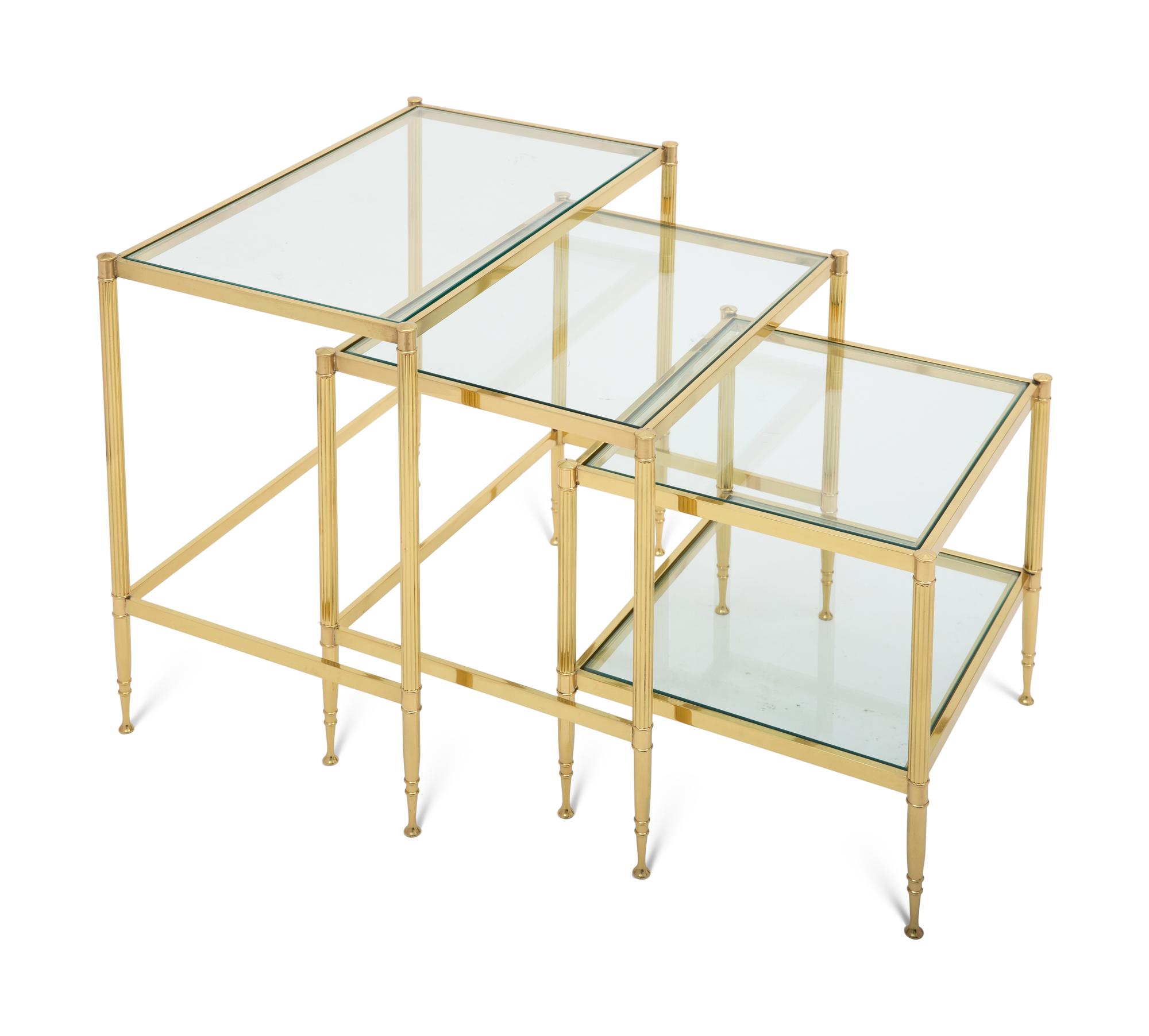 A Set of Three Brass and Glass Nesting Tables