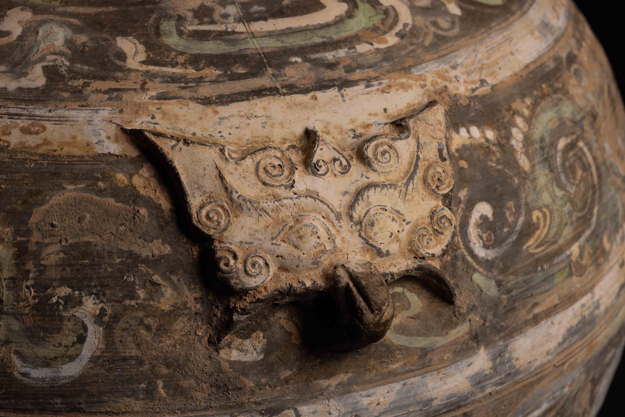 A Chinese Polychrome Painted Grey Pottery Hu, Han Dynasty 漢 彩繪灰陶壺