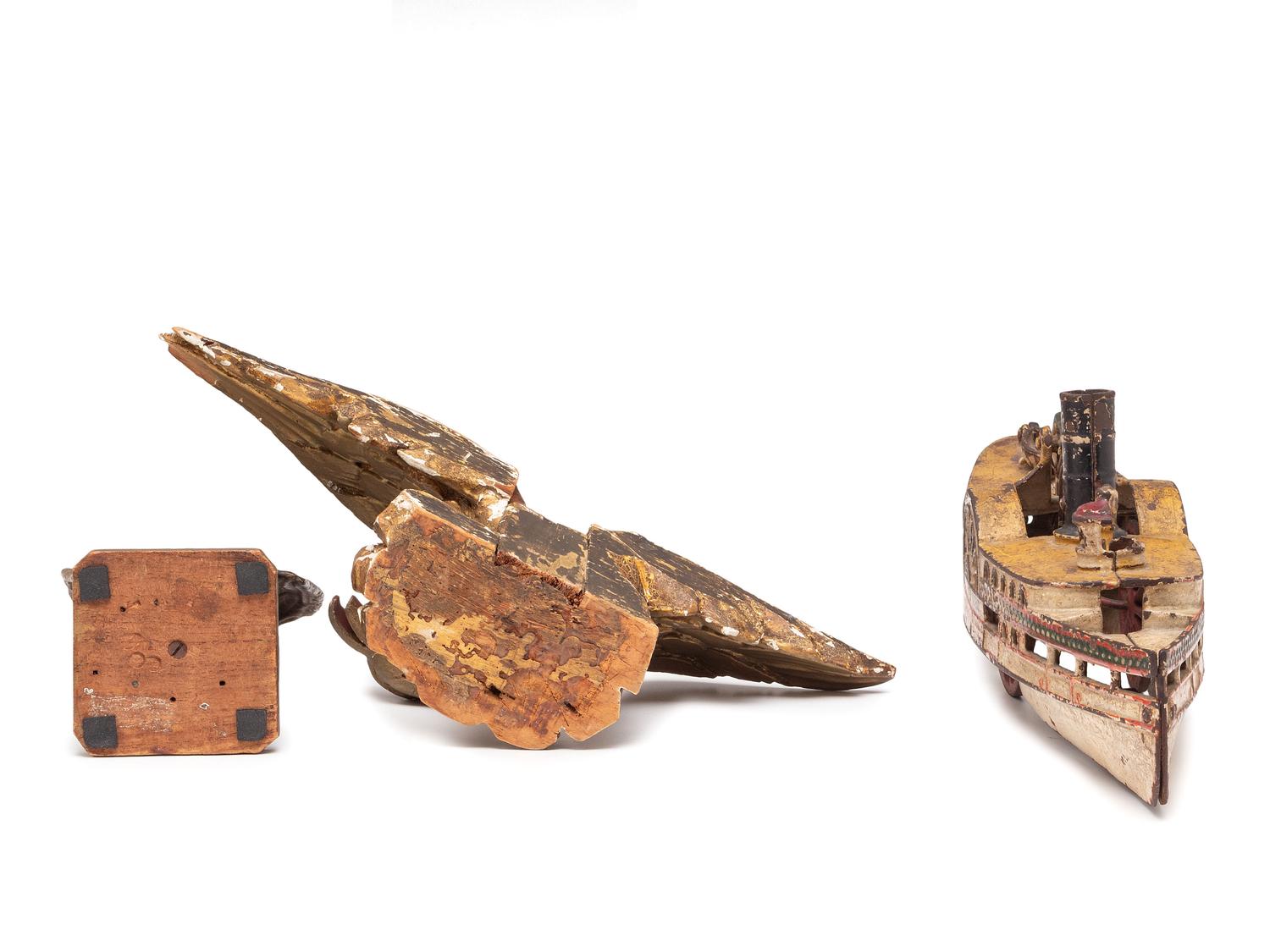 Two Carved and Painted Wood Eagle Finials, and a Cast Iron Paddleboat Boat Toy
