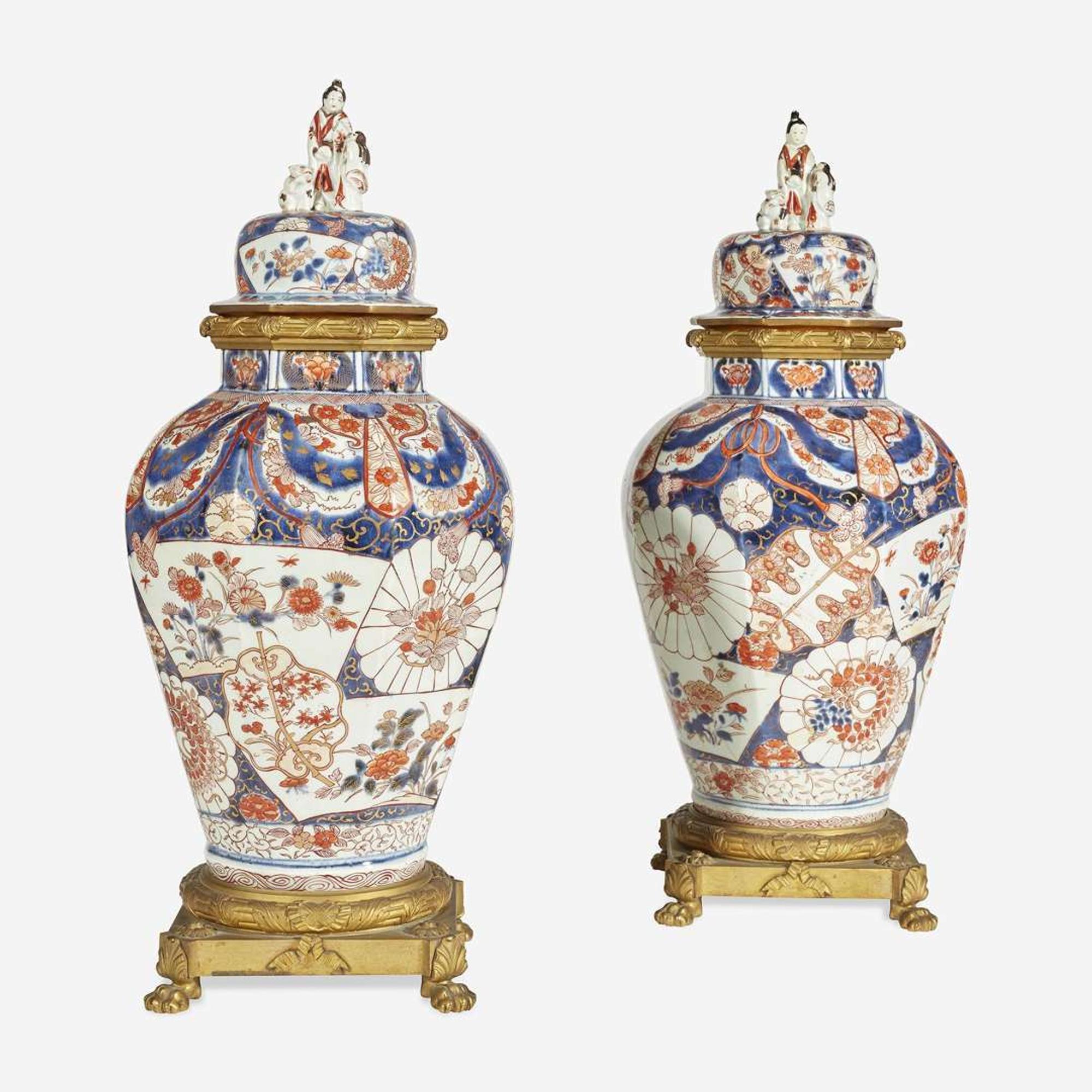 A Pair of Gilt-Bronze Mounted Imari Covered Jars 18th century with later mounts