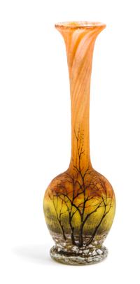 Daum, EARLY 20TH CENTURY, a miniature enameled cameo glass cabinet vase, of bottle form with winter landscape decoration