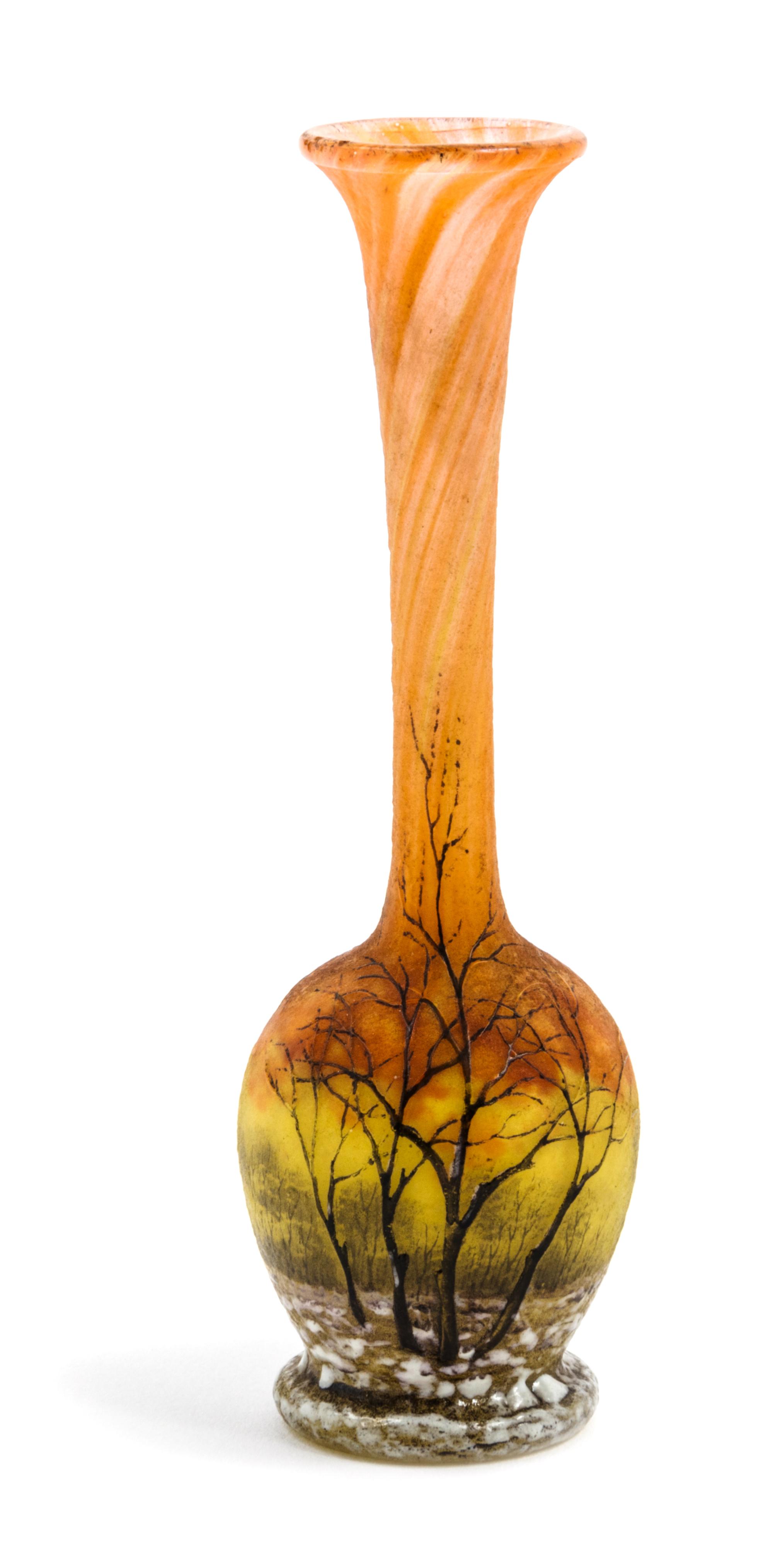 Daum, EARLY 20TH CENTURY, a miniature enameled cameo glass cabinet vase, of bottle form with winter landscape decoration
