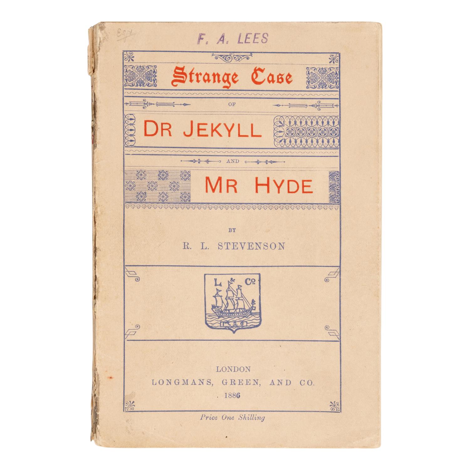 Stevenson, Robert Louis (1850-1894). Strange Case of Dr Jekyll and Mr Hyde . London: Longmans, Green, and Co., 1886.