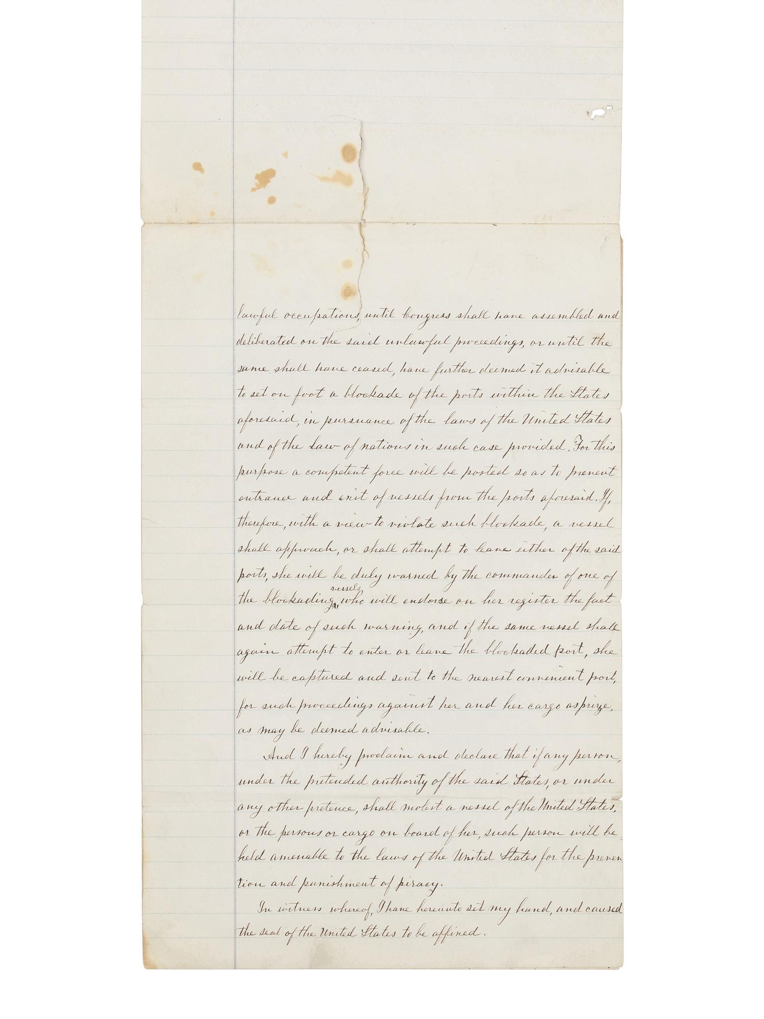[LINCOLN, Abraham (1809-1865)]. A fair copy manuscript of Lincoln's proclamation ordering the blockade of all Confederate ports. Washington, D.C., ca. 18 April 1861 or before.