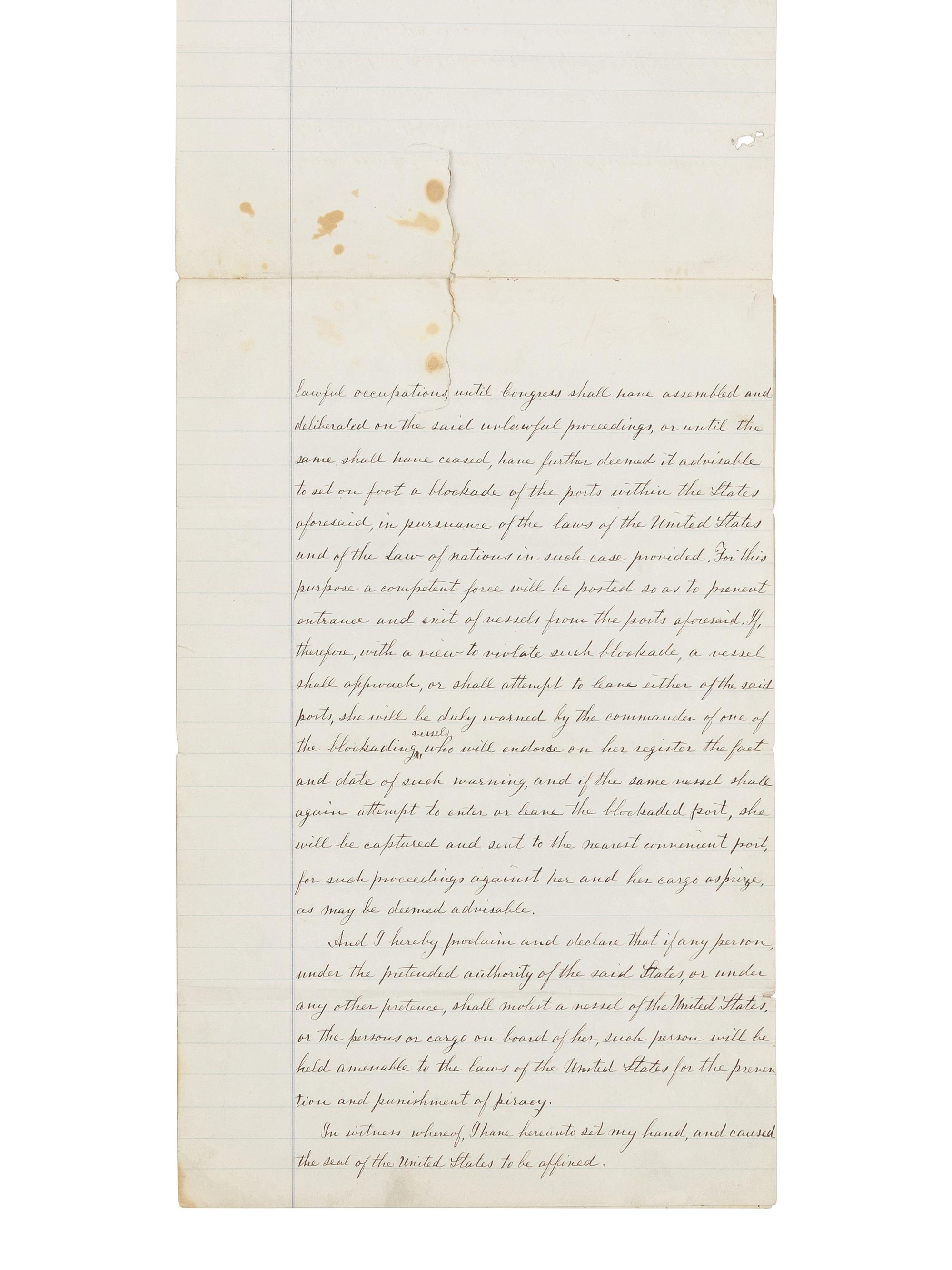 [LINCOLN, Abraham (1809-1865)]. A fair copy manuscript of Lincoln's proclamation ordering the blockade of all Confederate ports. Washington, D.C., ca. 18 April 1861 or before.