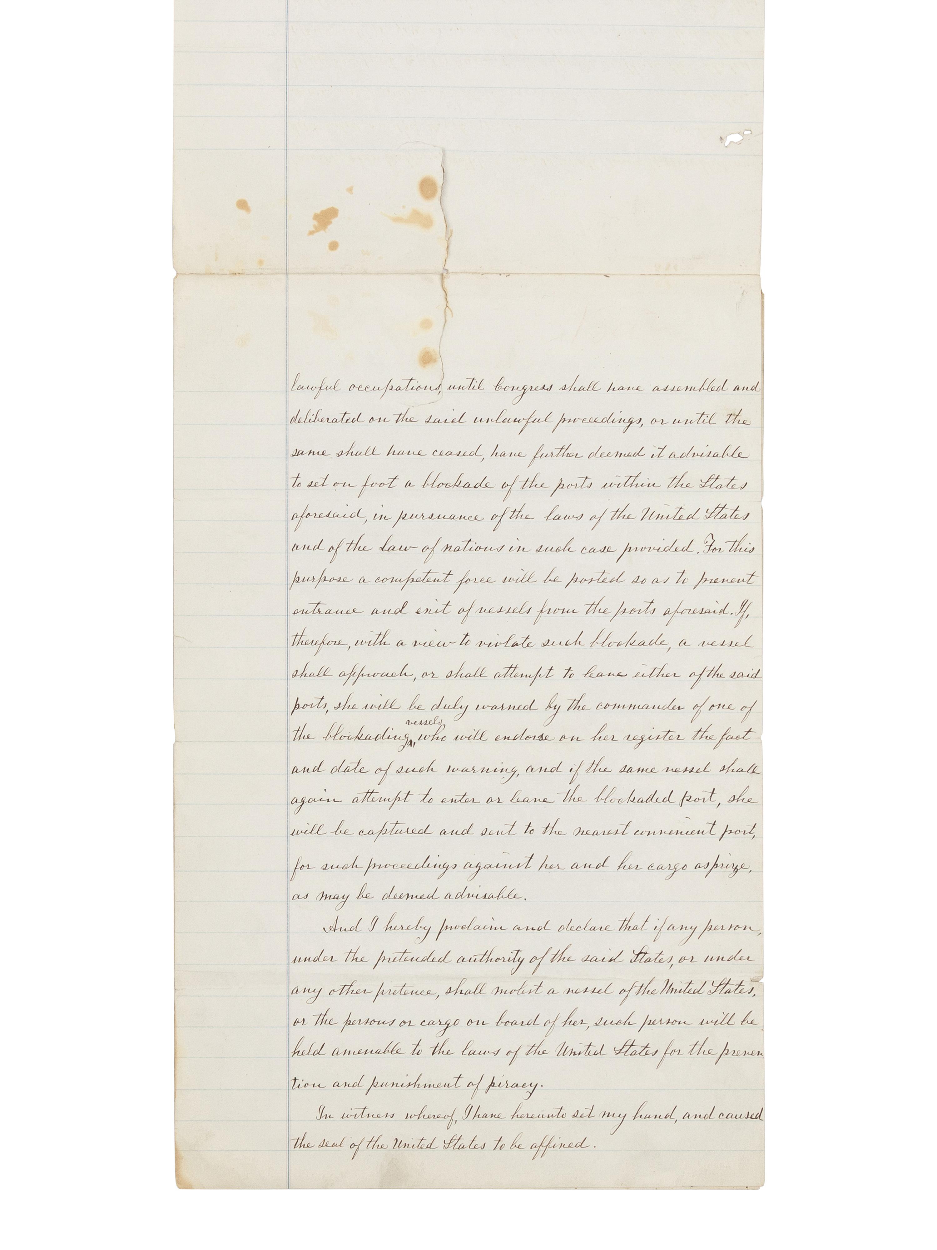 [LINCOLN, Abraham (1809-1865)]. A fair copy manuscript of Lincoln's proclamation ordering the blockade of all Confederate ports. Washington, D.C., ca. 18 April 1861 or before.
