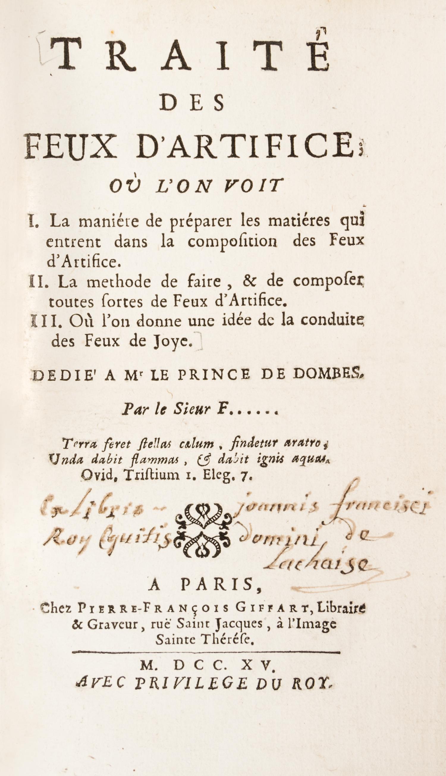 [FREZIER, AMEDEE FRANCOIS] Traite des feux d'artifice... Paris, 1715. First edition. With 8 plates on the manufacture of fireworks.