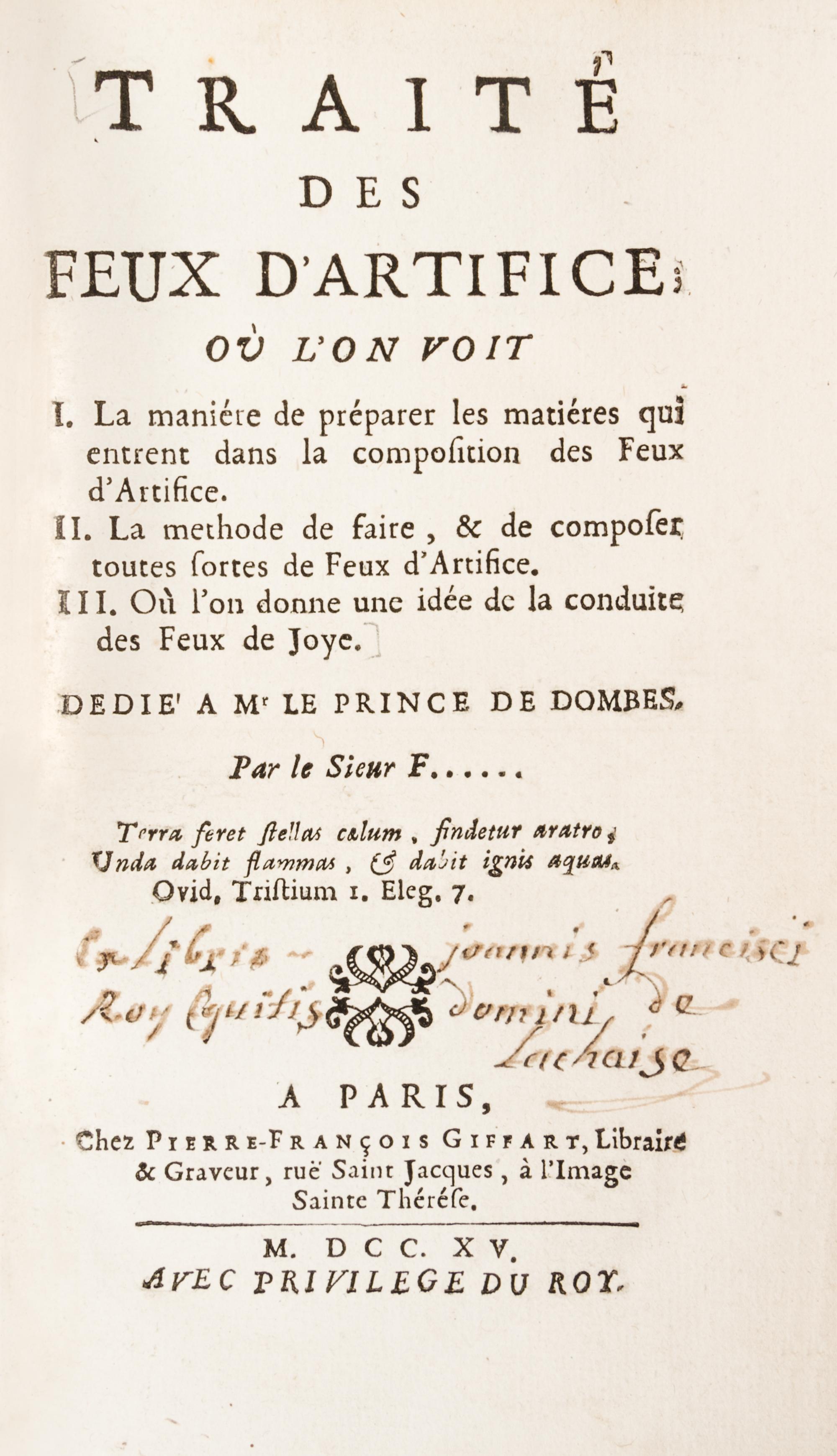 [FREZIER, AMEDEE FRANCOIS] Traite des feux d'artifice... Paris, 1715. First edition. With 8 plates on the manufacture of fireworks.
