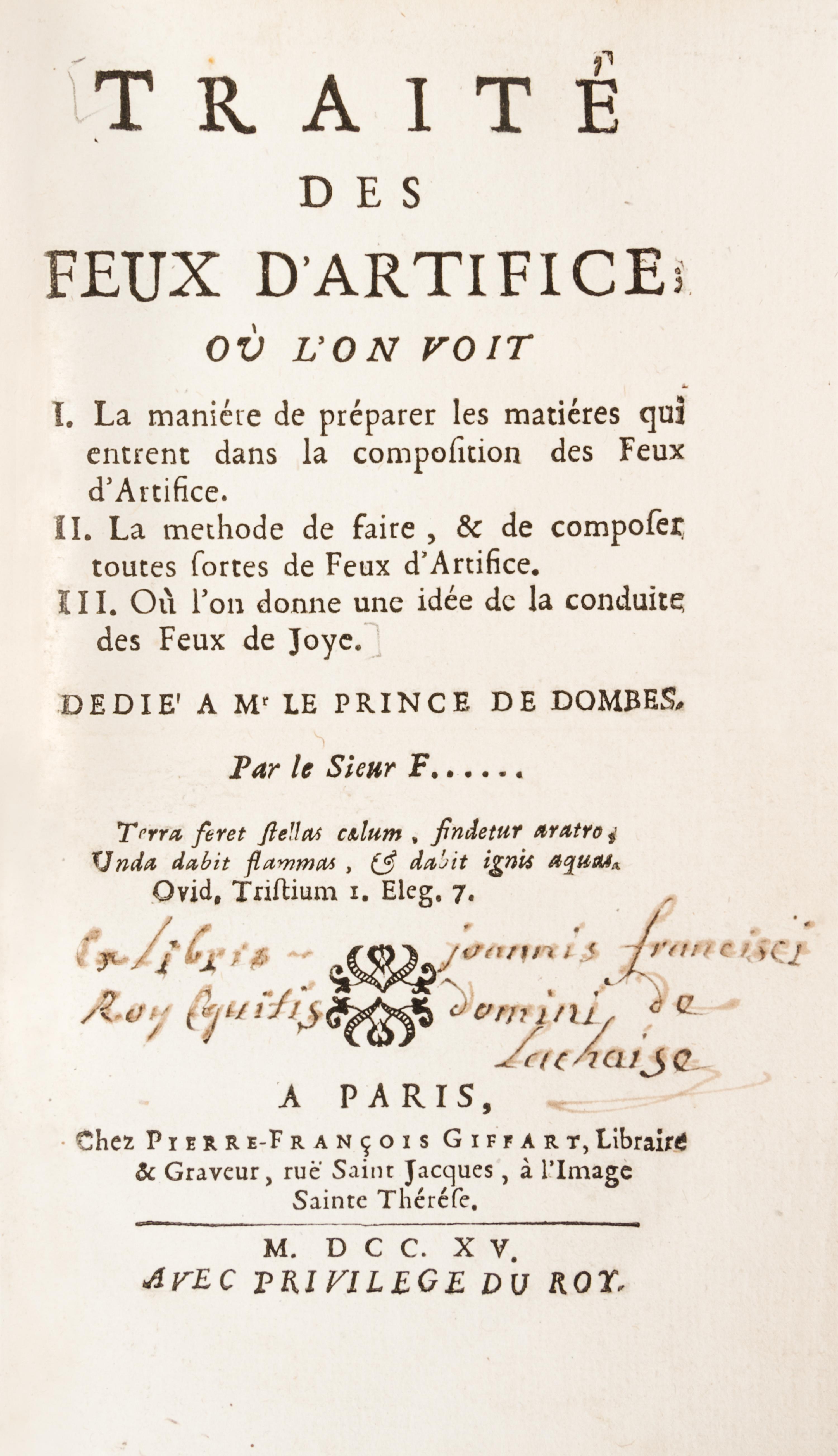 [FREZIER, AMEDEE FRANCOIS] Traite des feux d'artifice... Paris, 1715. First edition. With 8 plates on the manufacture of fireworks.