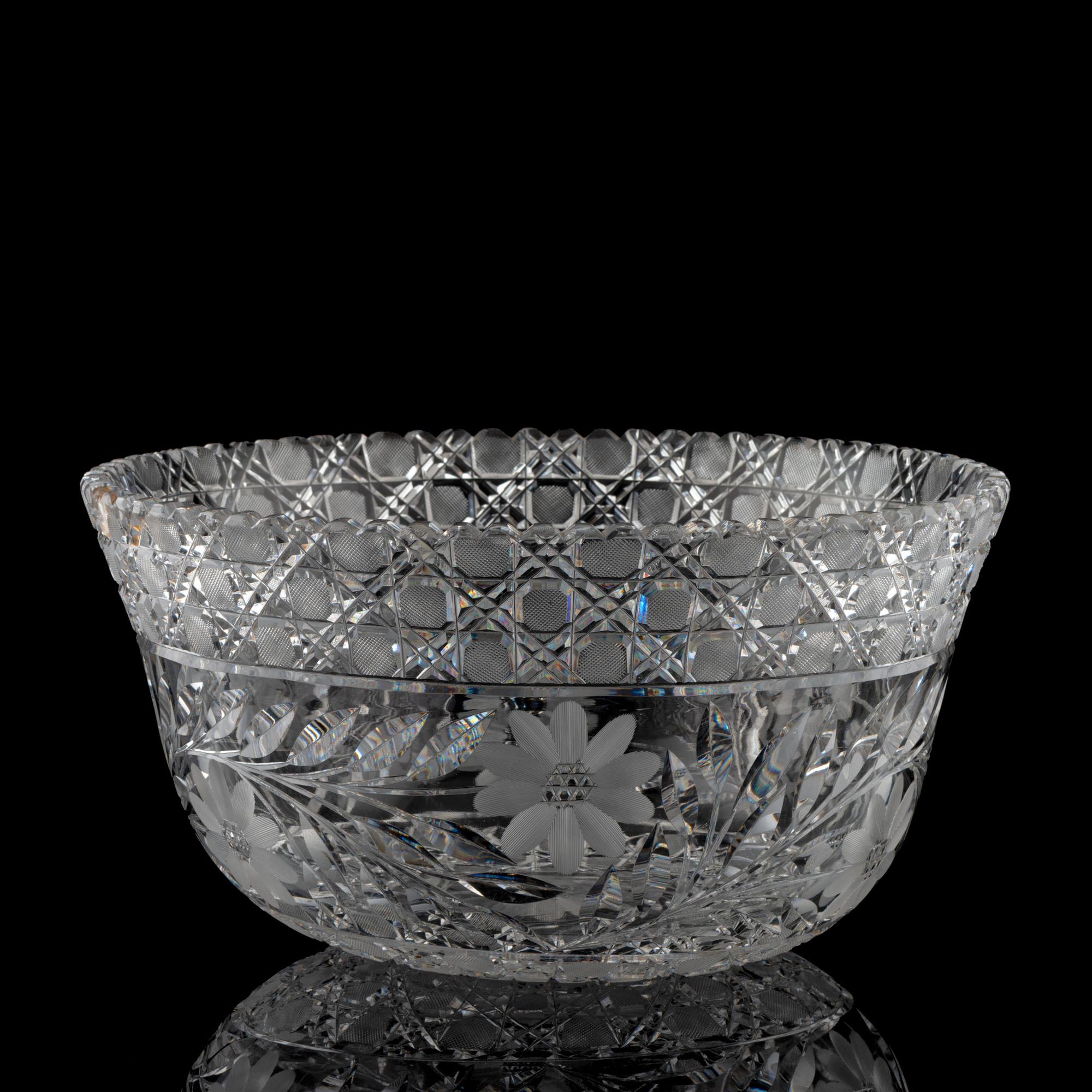 A Floral-Period Cut Glass Punch Bowl with Daisies or Sunflowers