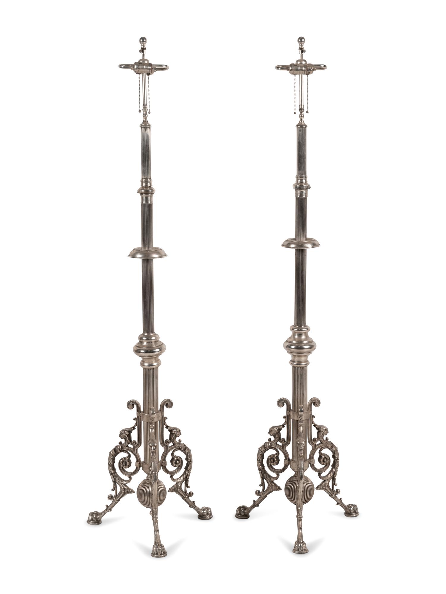 A Pair of French Neoclassical Silvered Bronze Telescoping Floor Lamps