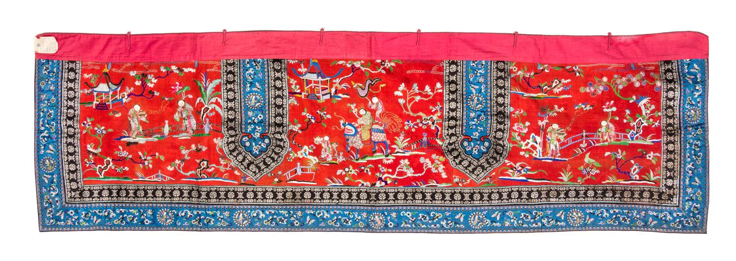 An Embroidered Silk Panel Length 68 1/2 x width 21 inches.