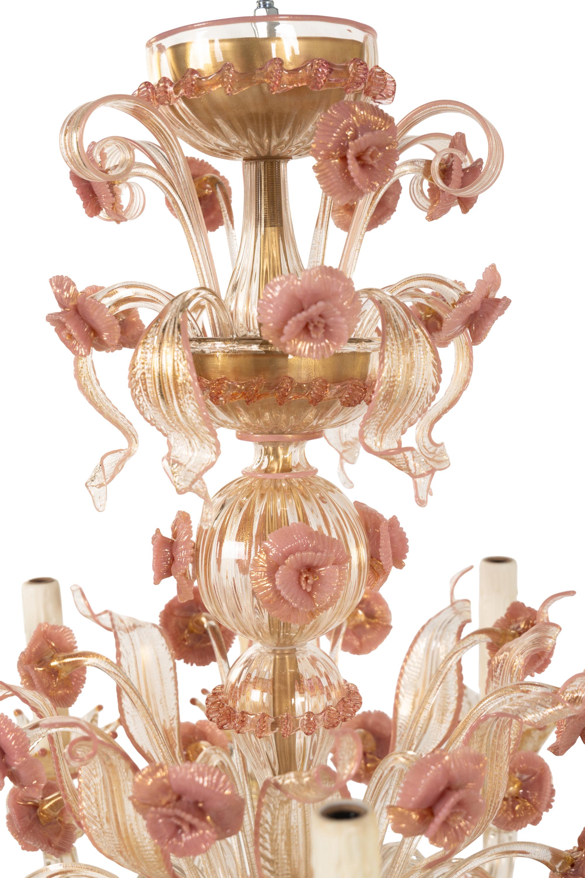 A Venetian Pink, Opaque and Colorless Glass Eight-Light Chandelier