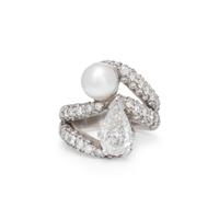 DIAMOND, CULTURED PEARL, AND PLATINUM RING