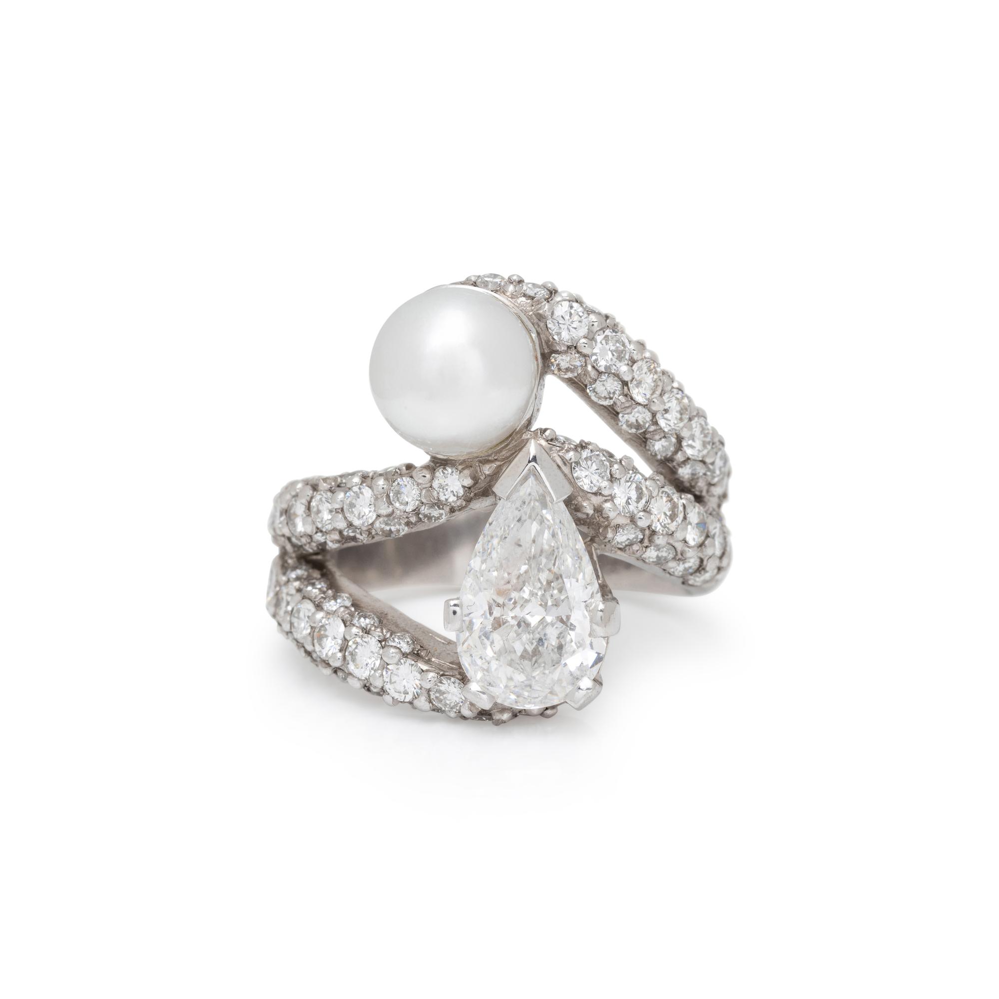 DIAMOND, CULTURED PEARL, AND PLATINUM RING