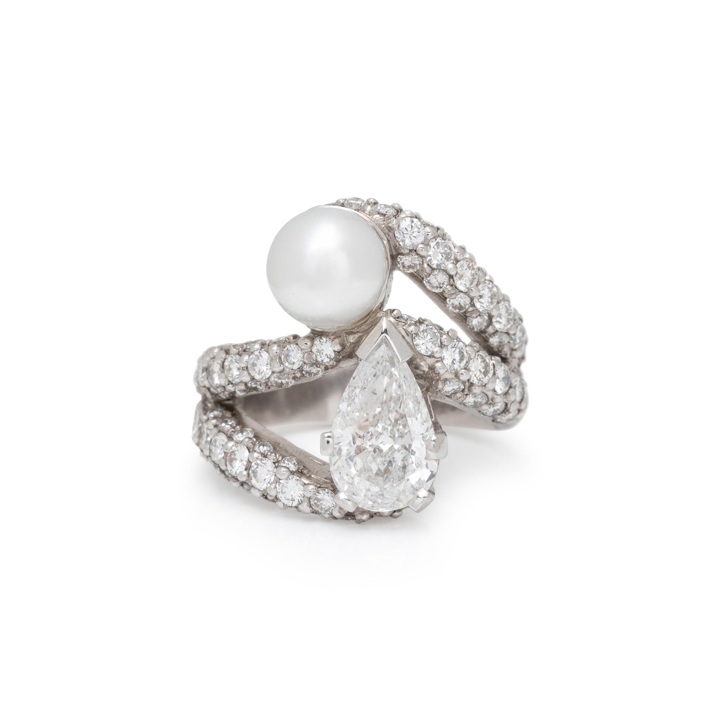 DIAMOND, CULTURED PEARL, AND PLATINUM RING