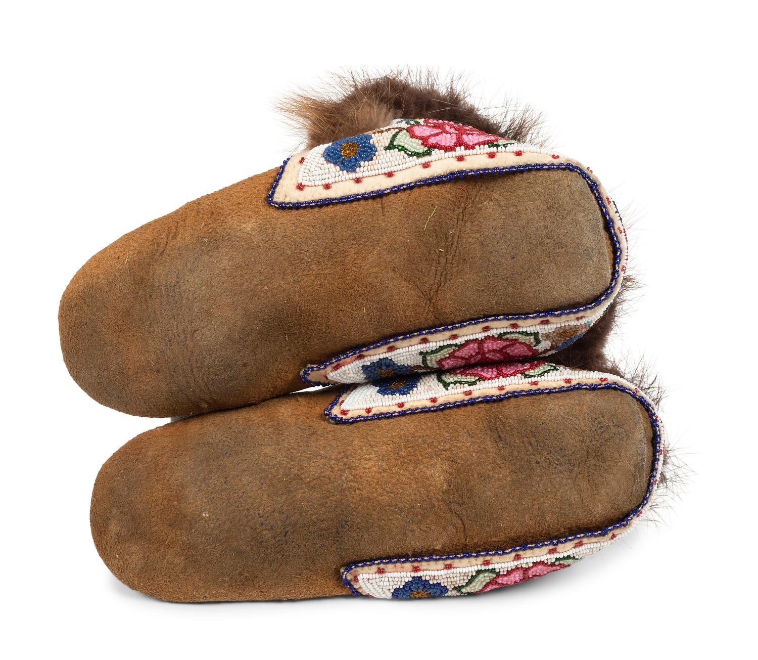 Northern Cree Beaded Hide Moccasins and Quilled Hide Table Mat