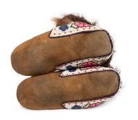 Northern Cree Beaded Hide Moccasins and Quilled Hide Table Mat