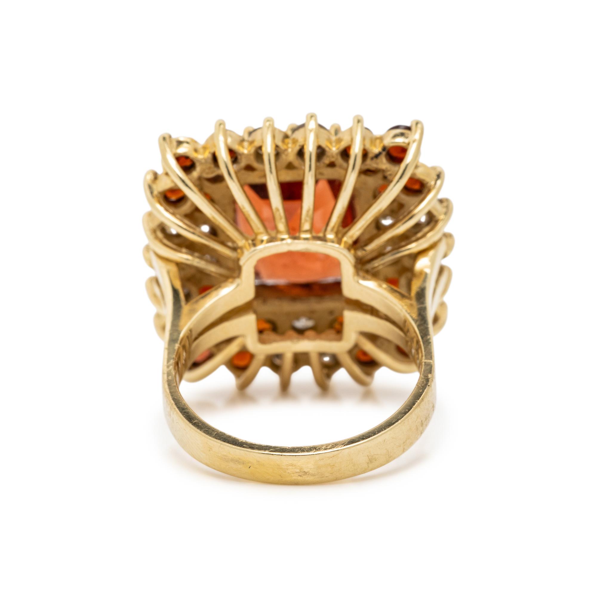 GARNET, DIAMOND, AND YELLOW GOLD RING